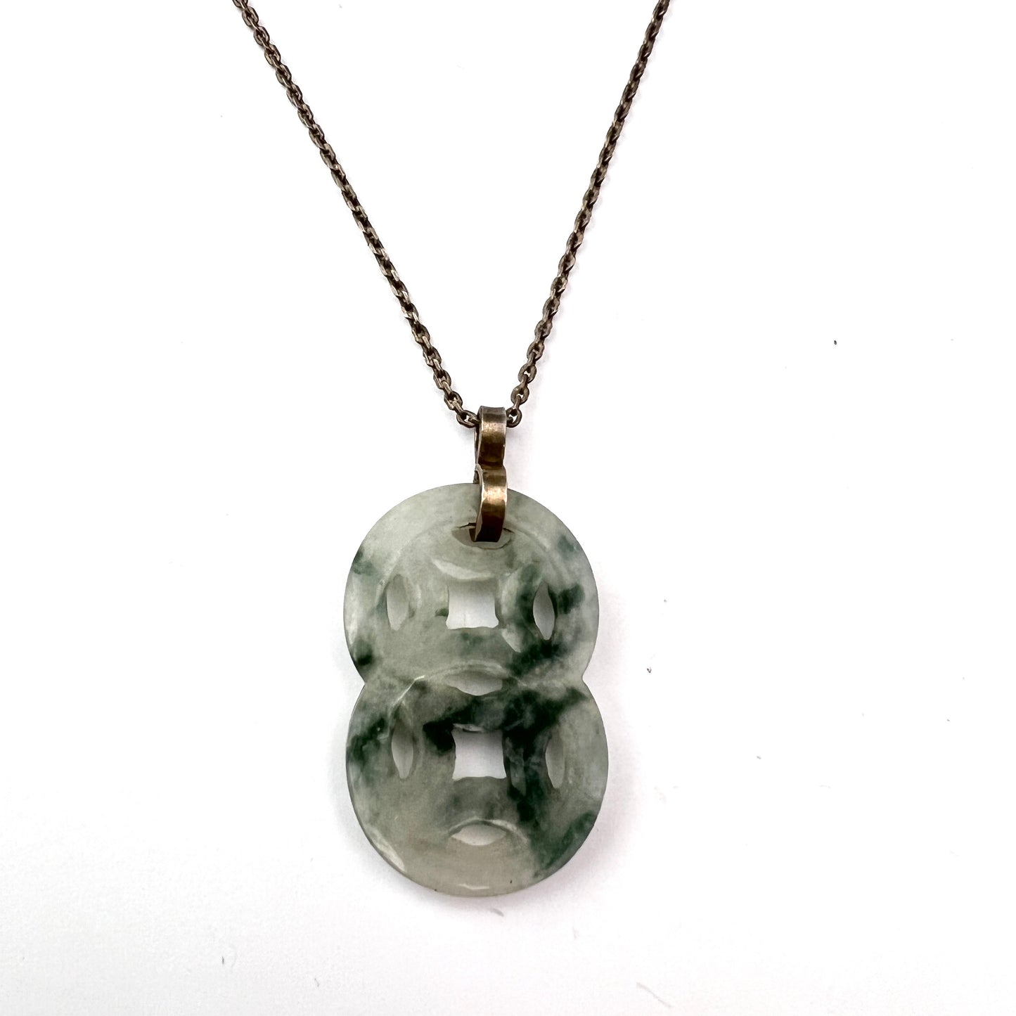 East Asia. Vintage Carved Jadeite Pendant Silver Necklace.