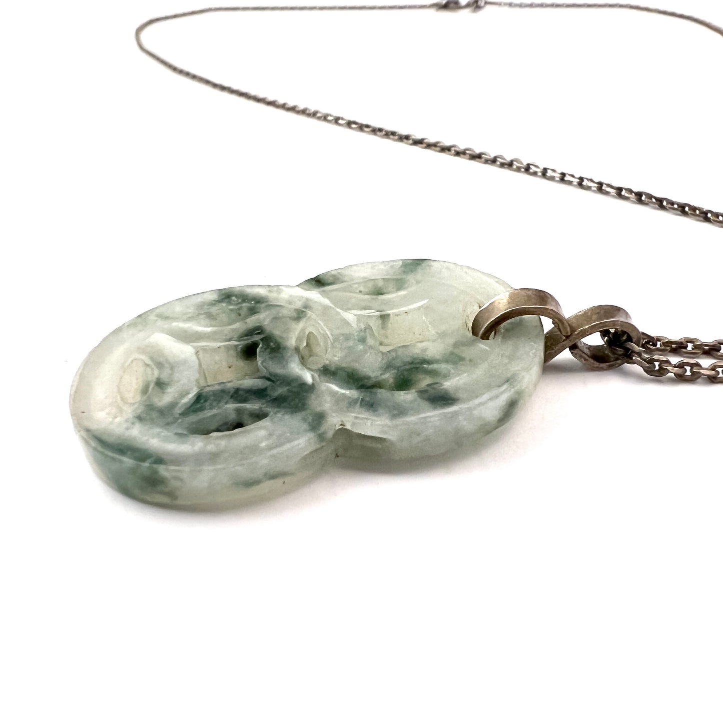 East Asia. Vintage Carved Jadeite Pendant Silver Necklace.