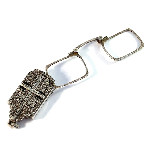 Art Deco Silver Marcasite Onyx Metal Folding Lorgnette Magnifier Pendant.