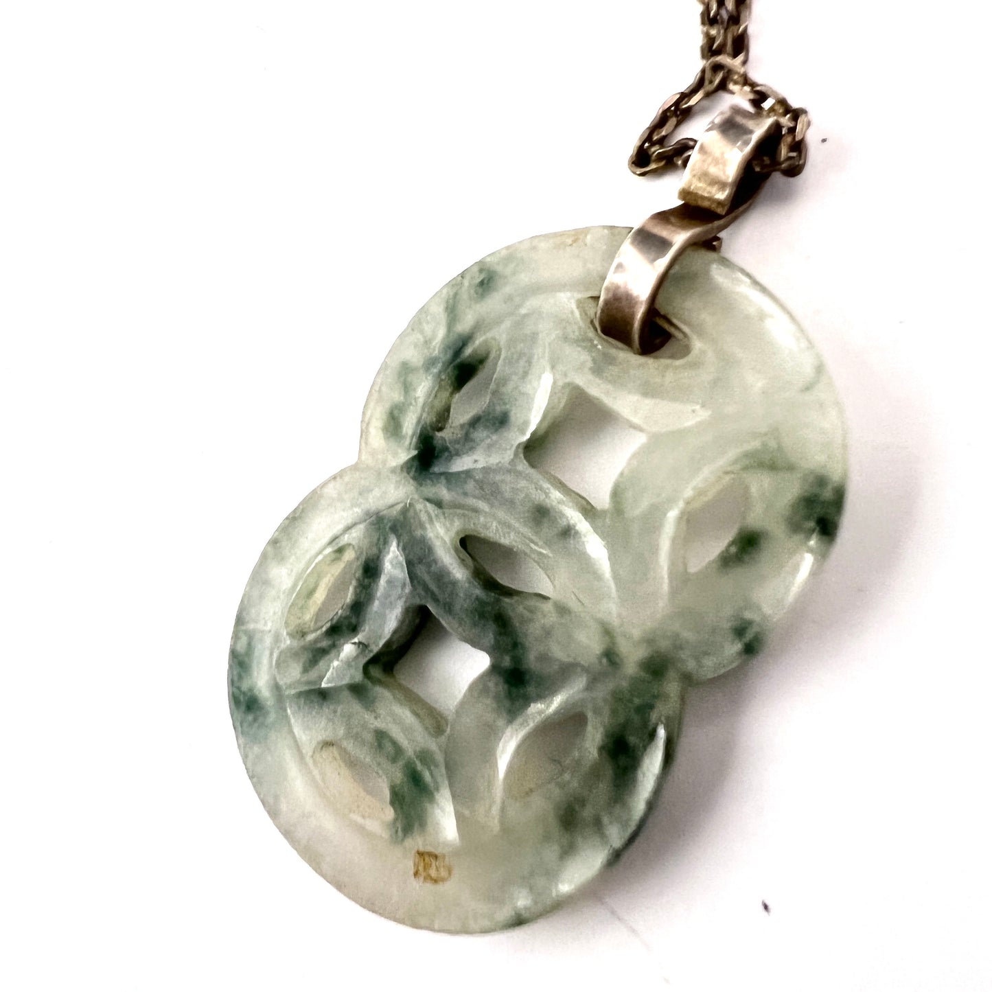 East Asia. Vintage Carved Jadeite Pendant Silver Necklace.