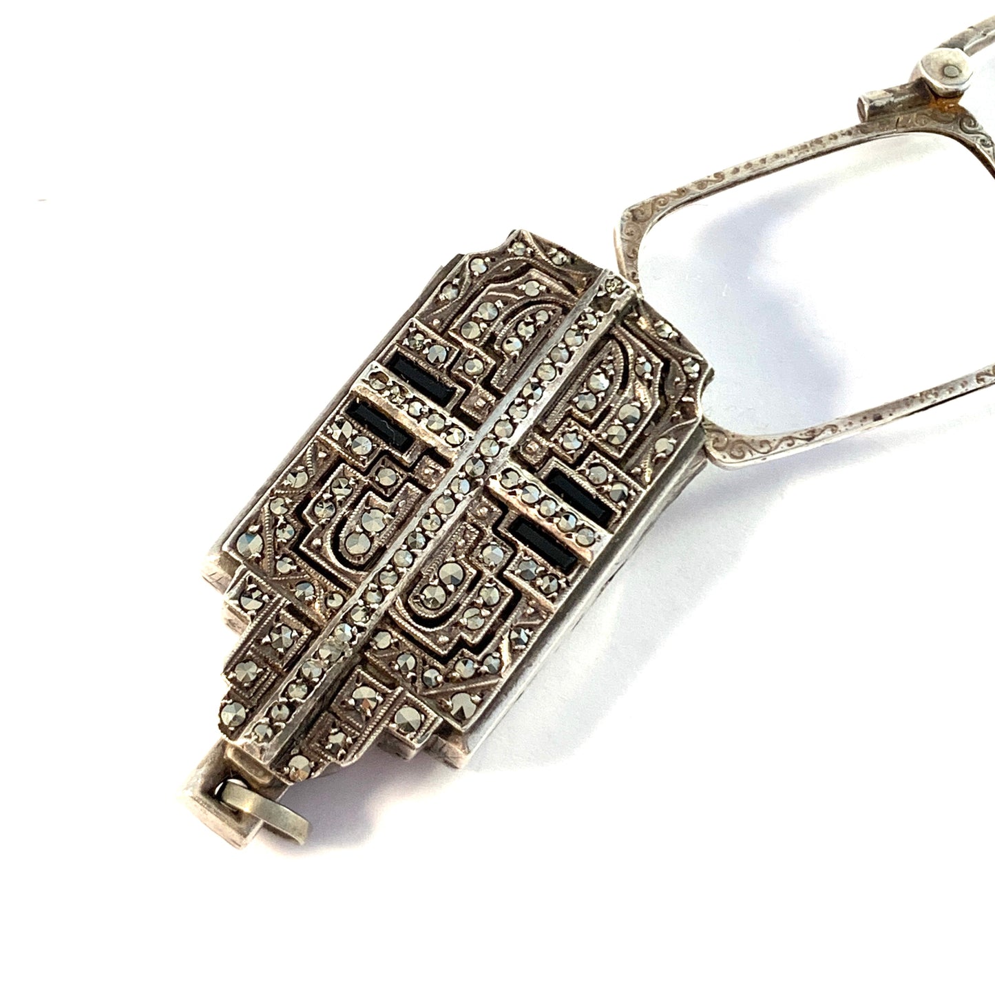 Art Deco Silver Marcasite Onyx Metal Folding Lorgnette Magnifier Pendant.