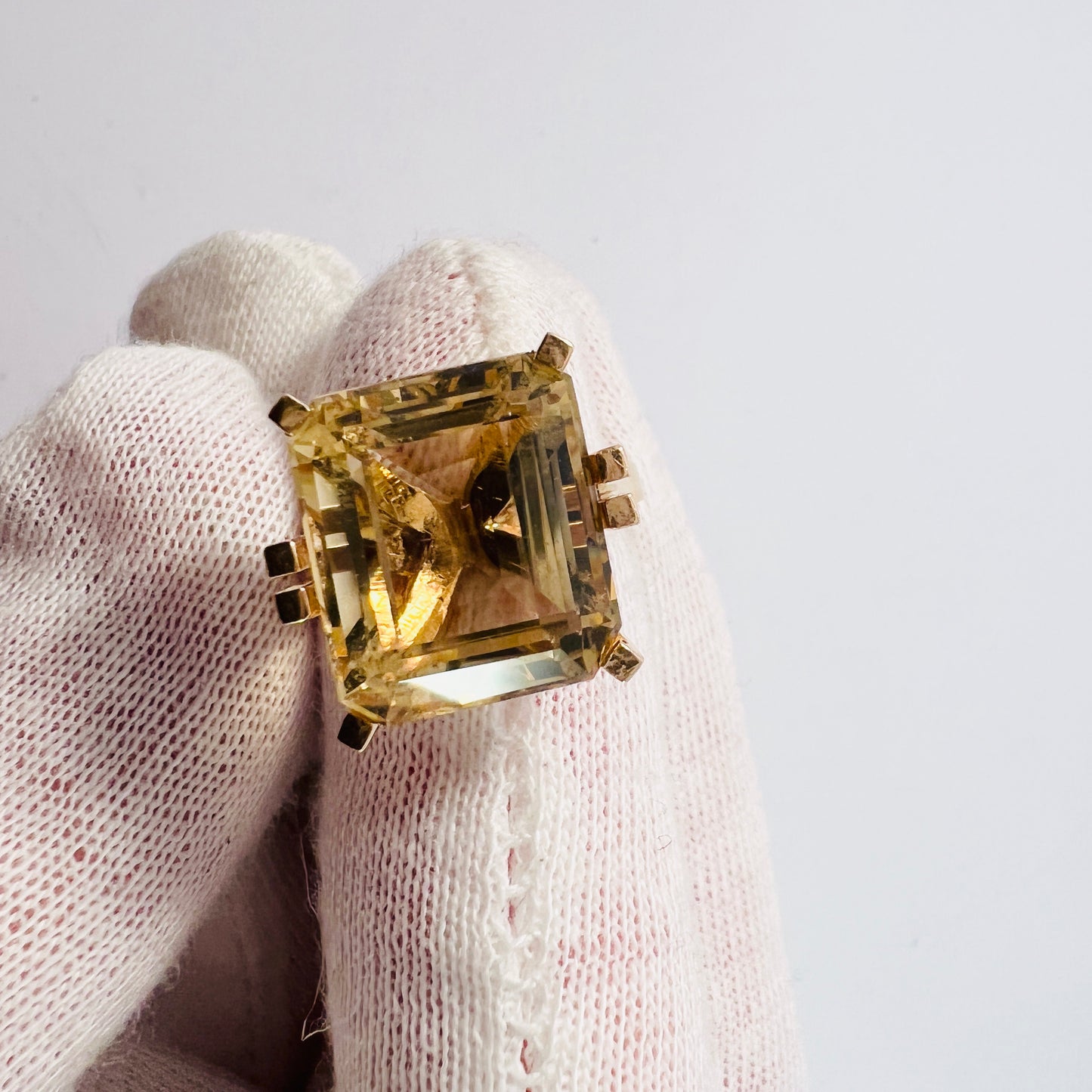 Continental Europe 1960s. Bold Vintage 18k Gold Citrine Ring. 7 1/2.  Hallmarked.