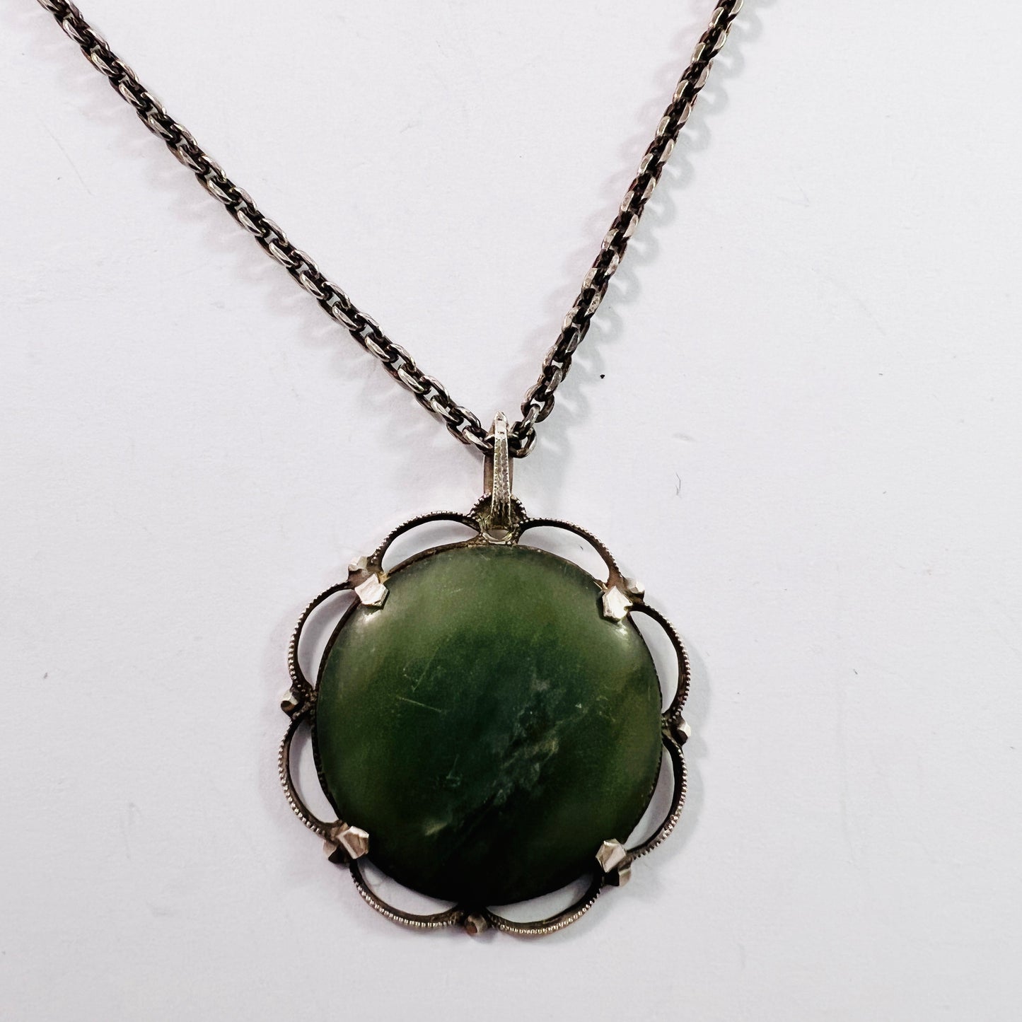 Vintage Mid Century 800 Silver Green Hardstone Pendant Long Chain Necklace.