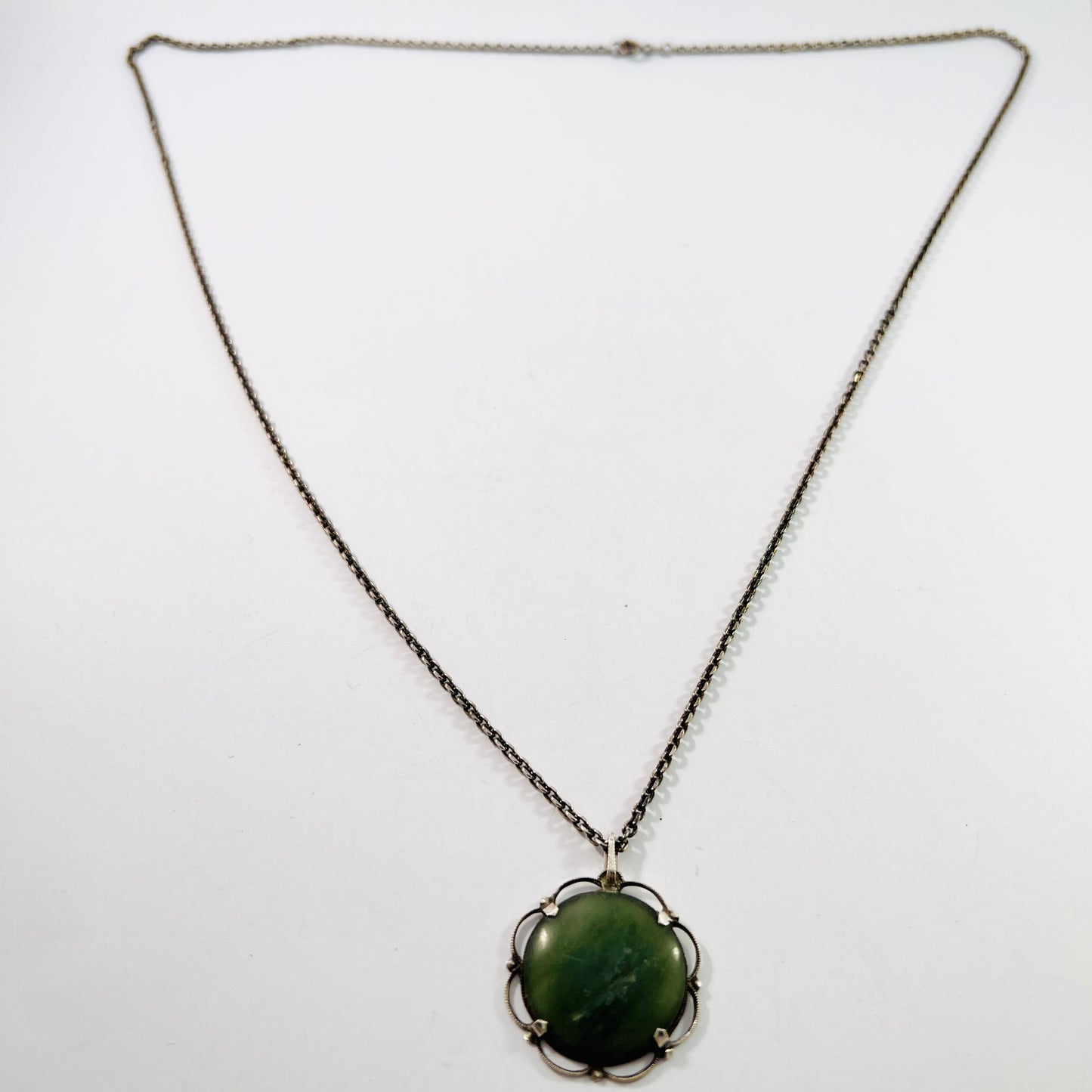 Vintage Mid Century 800 Silver Green Hardstone Pendant Long Chain Necklace.