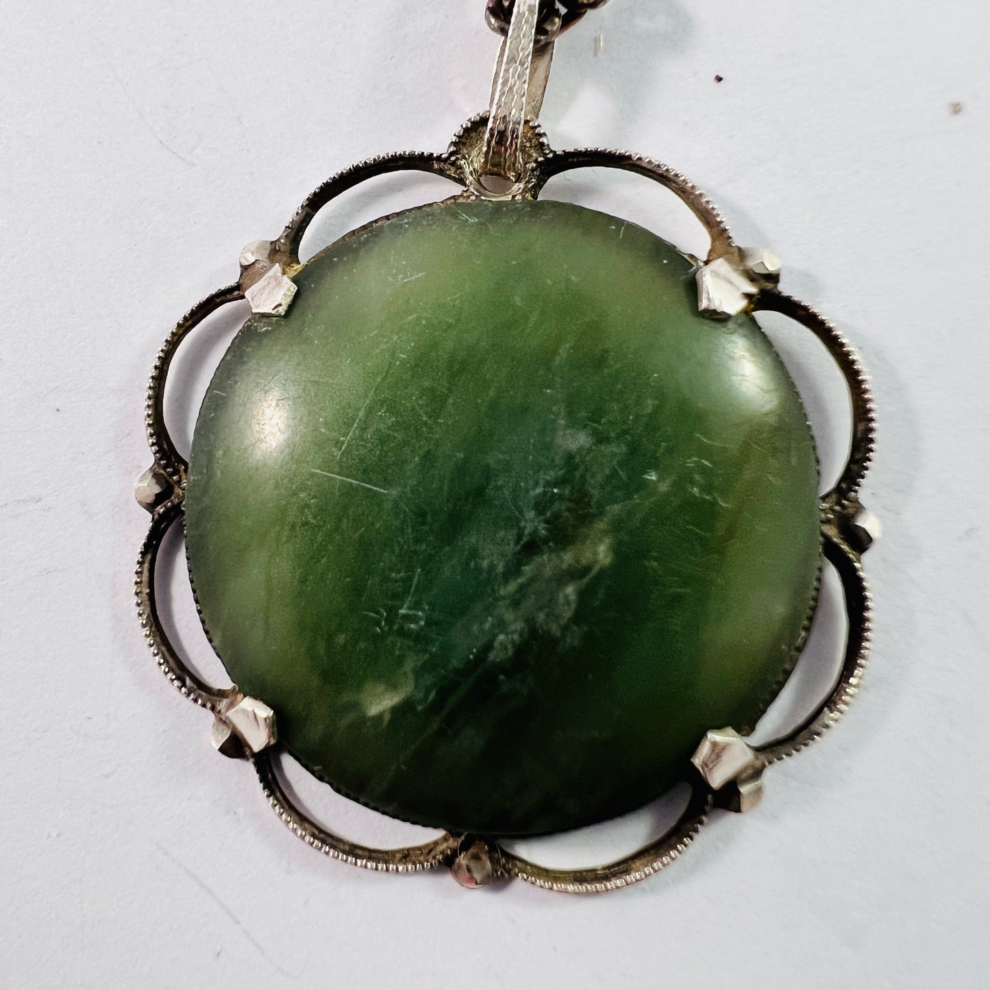 Vintage Mid Century 800 Silver Green Hardstone Pendant Long Chain Necklace.
