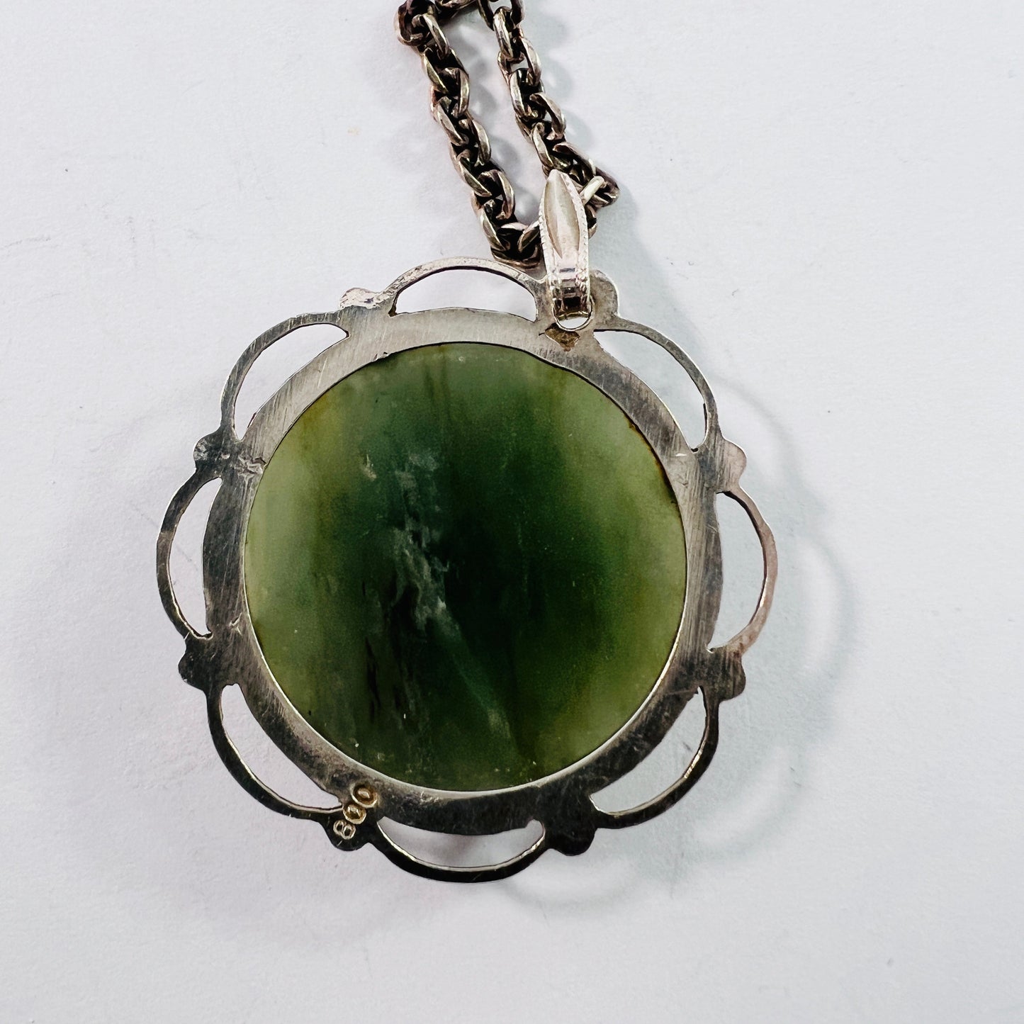 Vintage Mid Century 800 Silver Green Hardstone Pendant Long Chain Necklace.