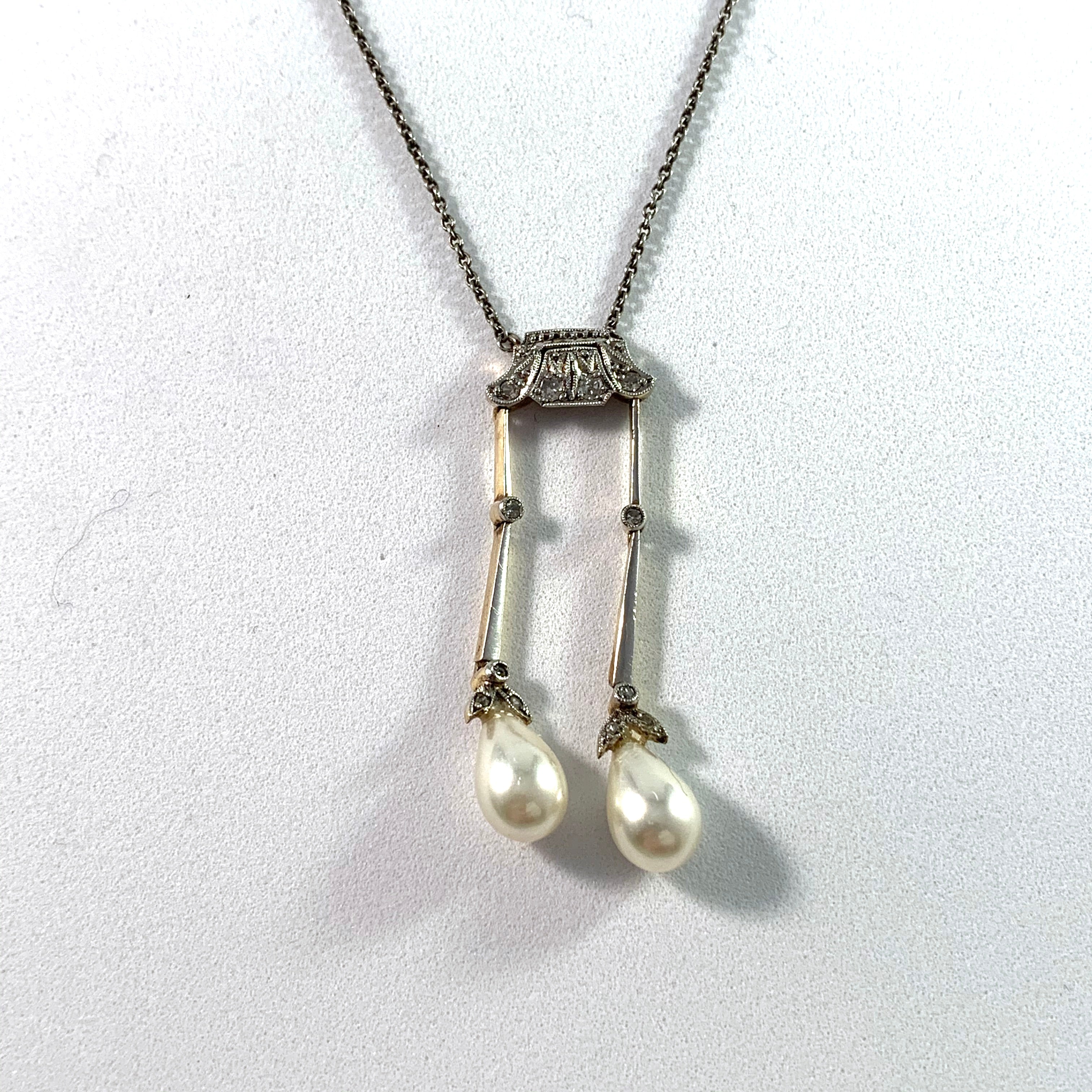 France c 1910 Belle Epoque Platinum 14k Gold Silver Rose Cut Diamond an Faux French Pearl Negligee Necklace