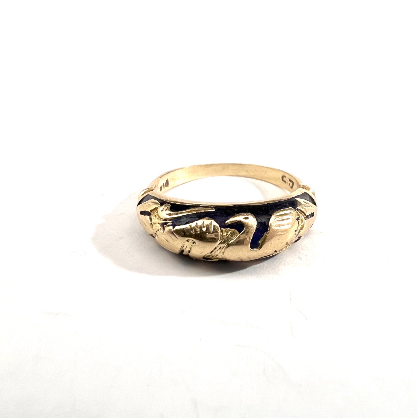 Eastern Mediterranean. Vintage 14k Gold Blue Enamel Phoenix Ring