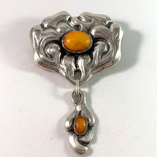 Knud Georg Jensen, Denmark c 1910s Arts and Crafts Skonvirke 826 Silver Amber Brooch.