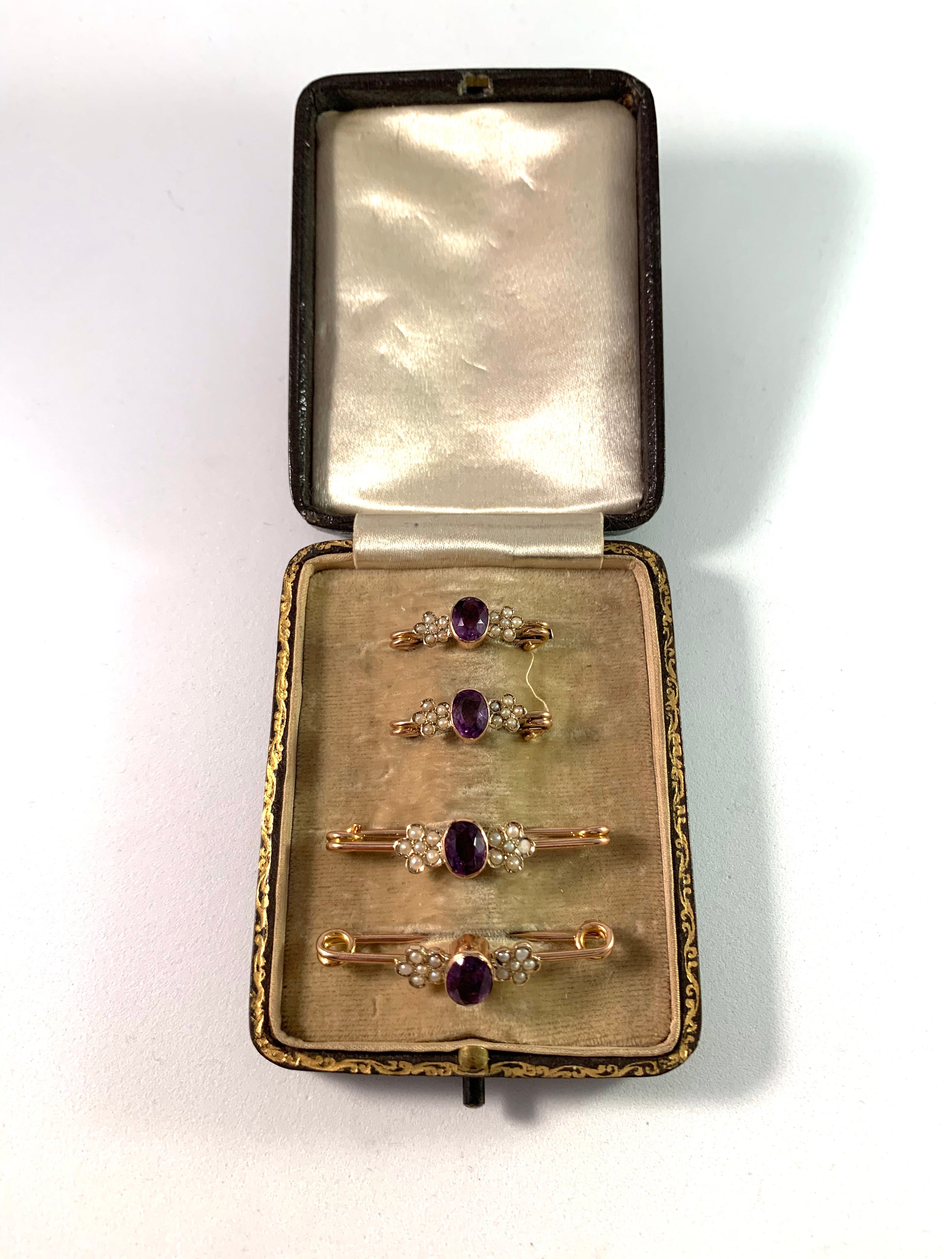 Edwardian 9k Gold Amethyst Seed Pearl Lingerie Pins. Original Box.