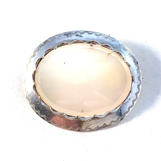 SJ Karlskrona, Sweden year 1876 Victorian Solid Silver White Chalcedony Brooch.