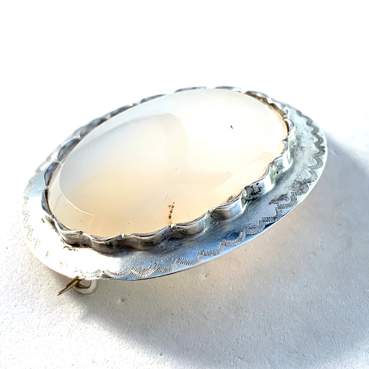 SJ Karlskrona, Sweden year 1876 Victorian Solid Silver White Chalcedony Brooch.