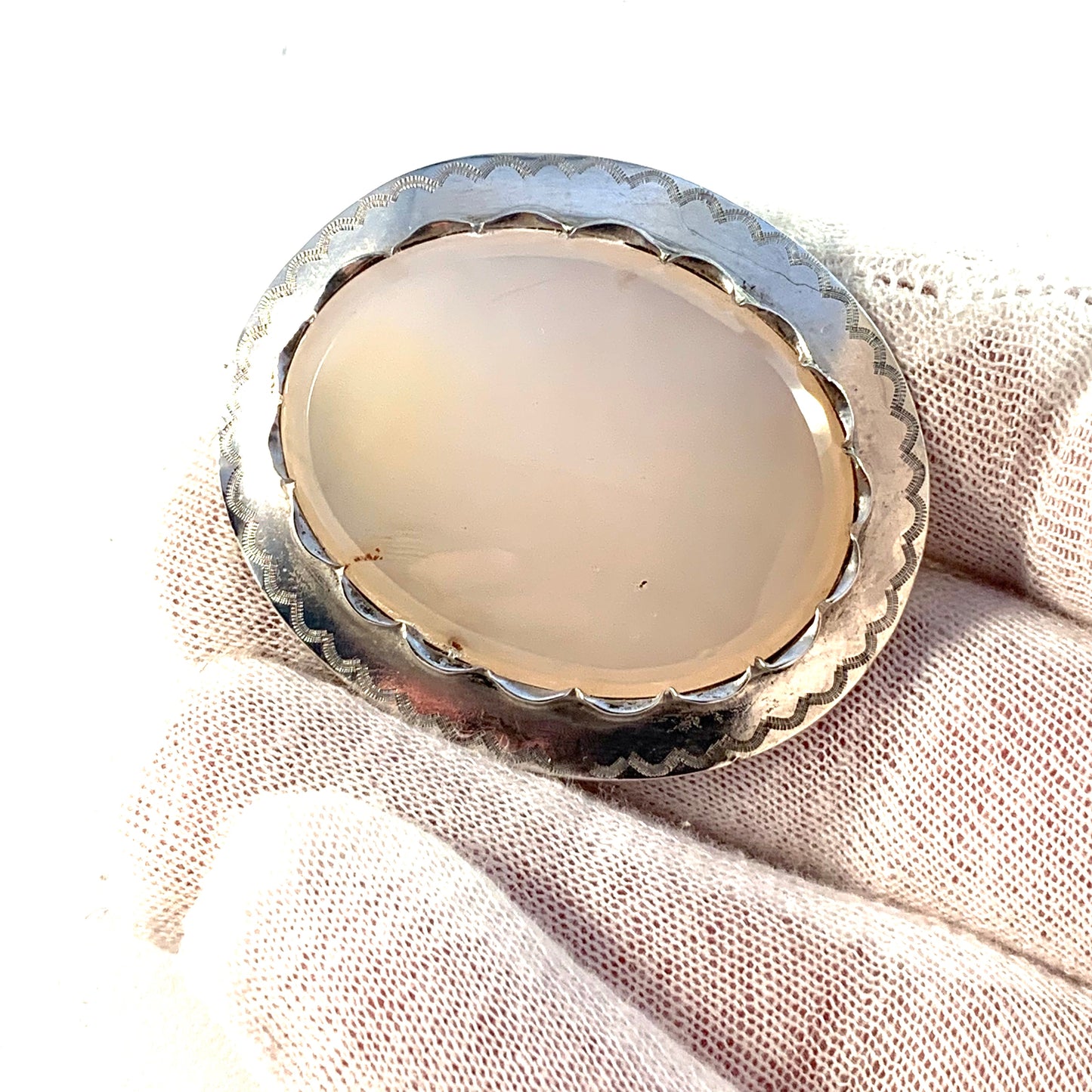 SJ Karlskrona, Sweden year 1876 Victorian Solid Silver White Chalcedony Brooch.