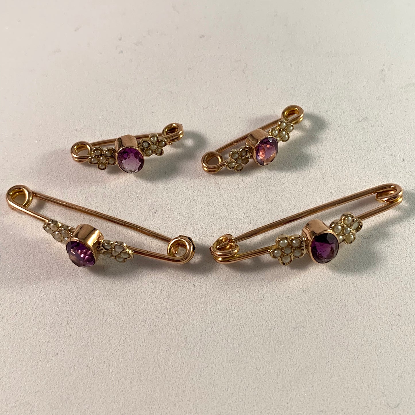 Edwardian 9k Gold Amethyst Seed Pearl Lingerie Pins. Original Box.