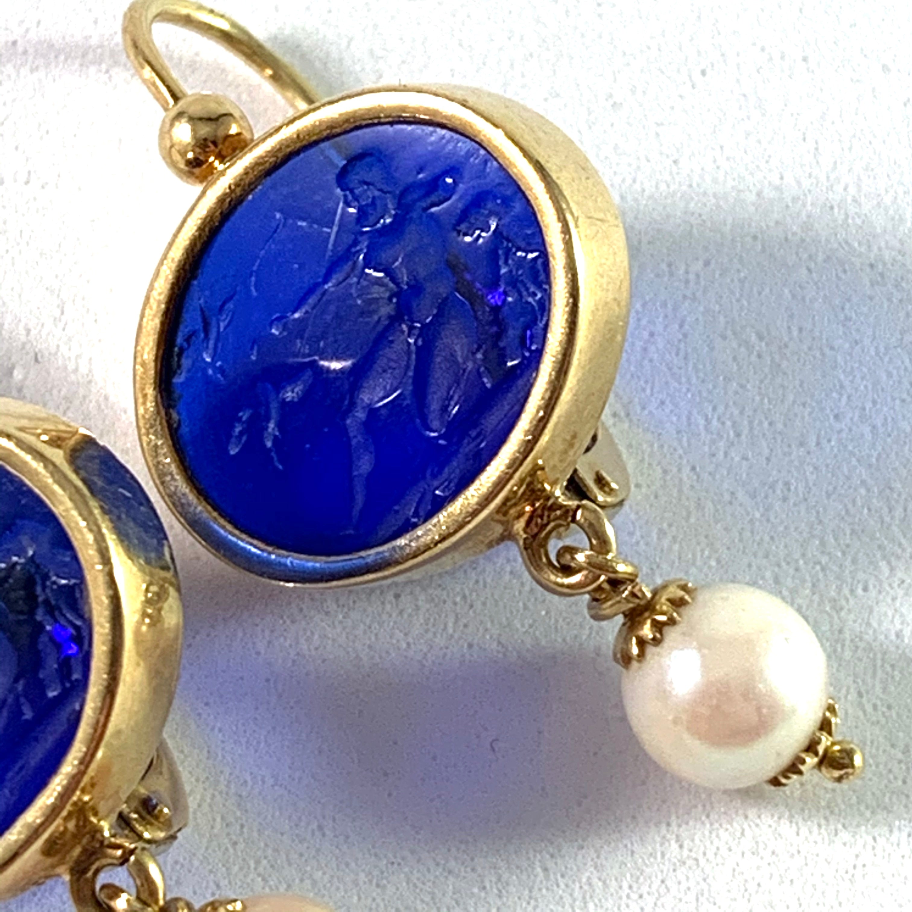 Naples, Italy Vintage 18k Gold Venetian Glass Cultured Pearl Earrings