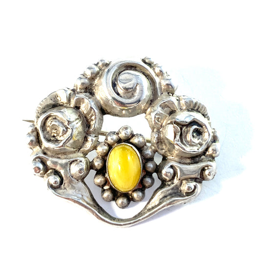 Denmark 1910s Antique Art Nouveau Skonvirke 830 Silver Paste Stone Brooch.