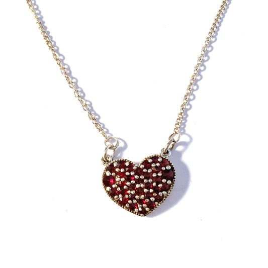 Vintage Mid Century Solid Silver Bohemian Garnet Heart Pendant Necklace.