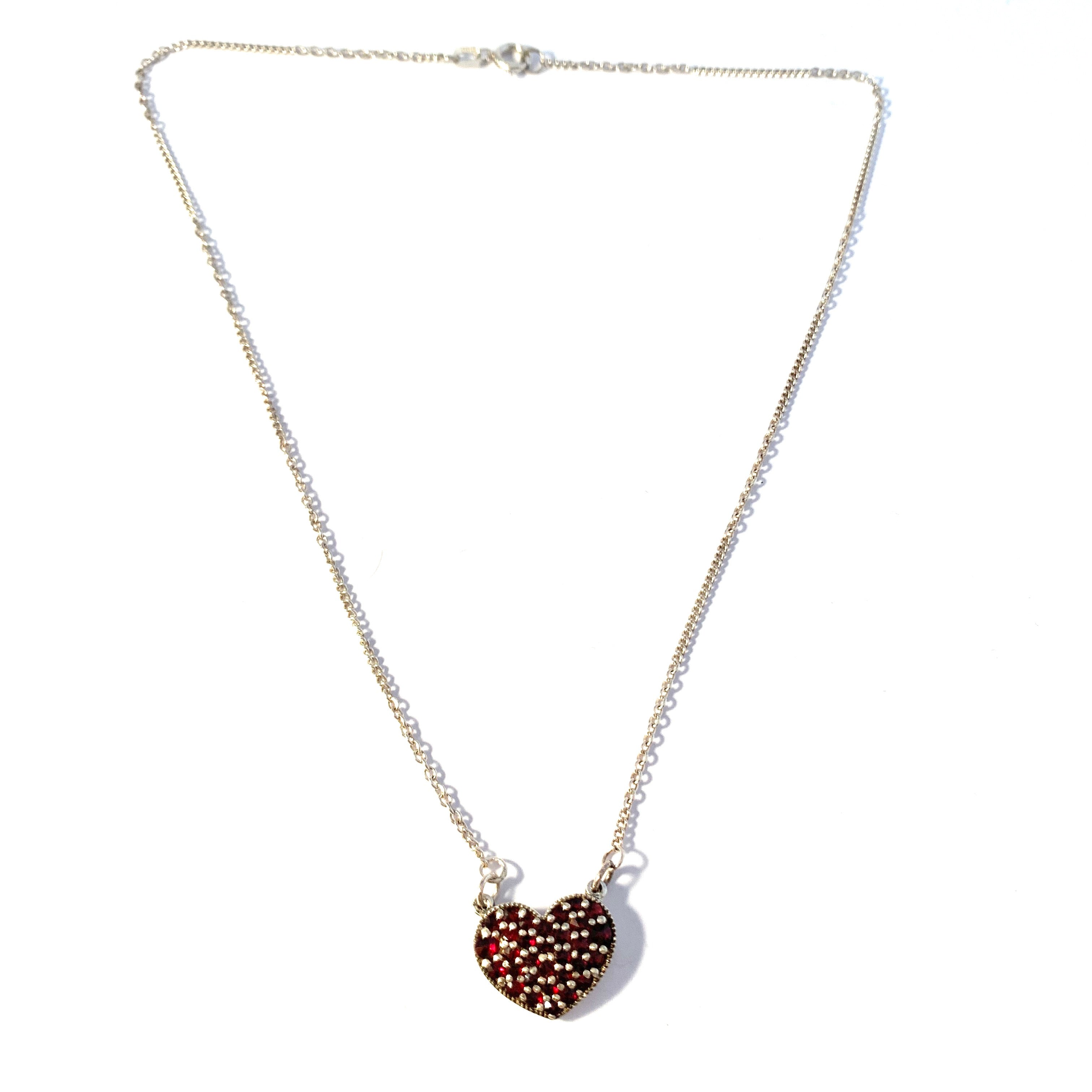 Vintage Mid Century Solid Silver Bohemian Garnet Heart Pendant Necklace.