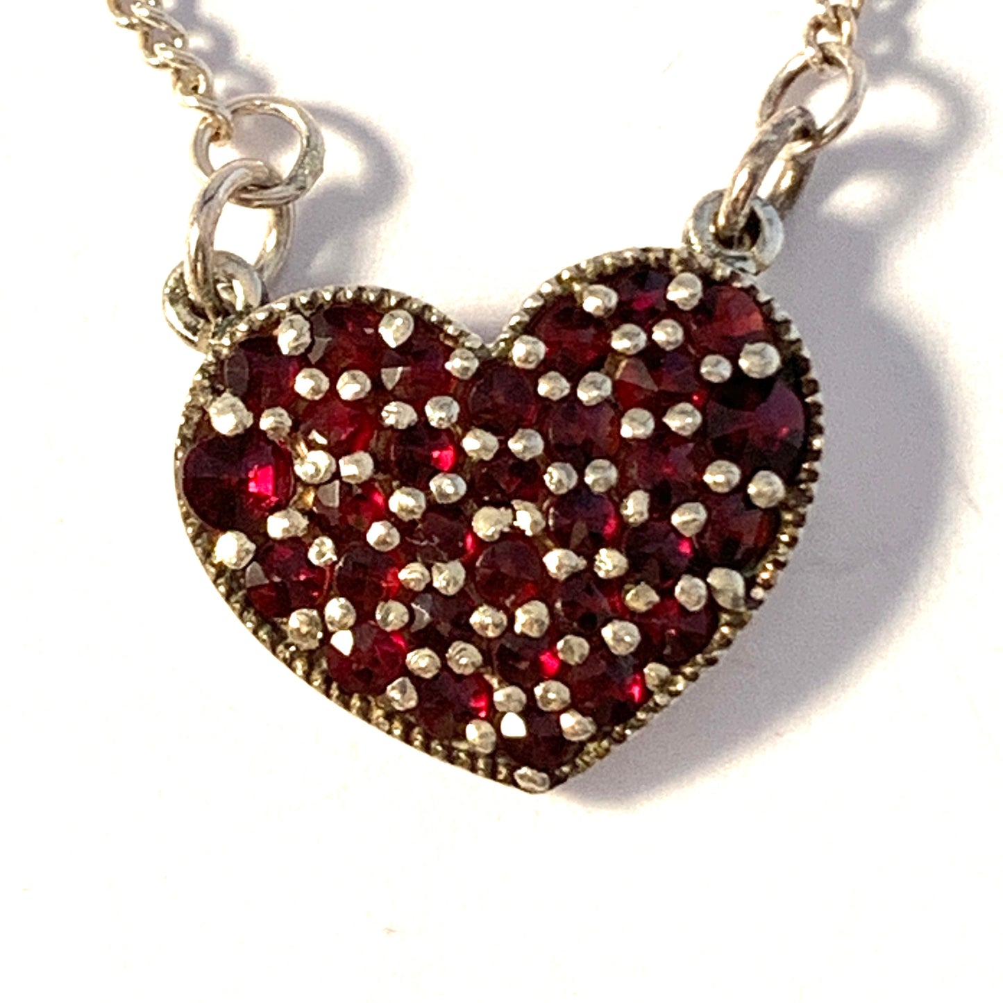 Vintage Mid Century Solid Silver Bohemian Garnet Heart Pendant Necklace.