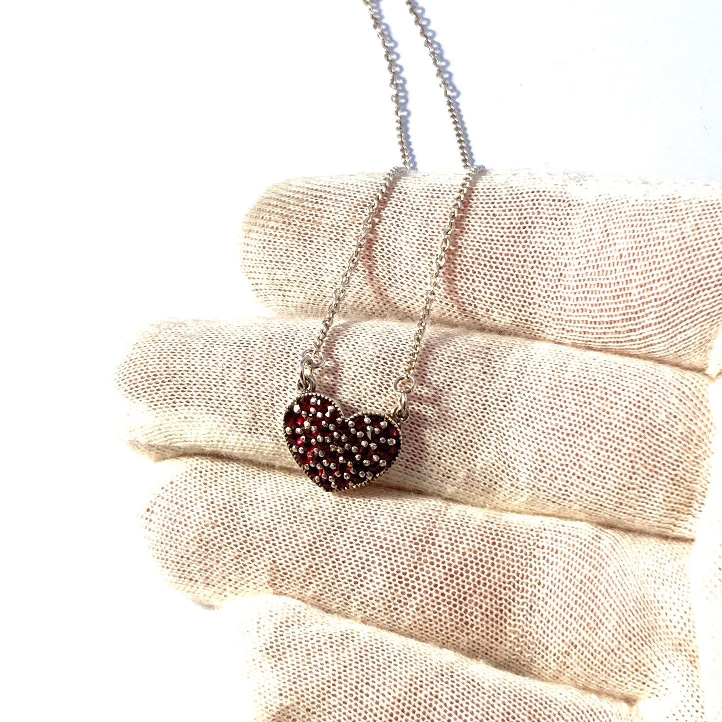 Vintage Mid Century Solid Silver Bohemian Garnet Heart Pendant Necklace.