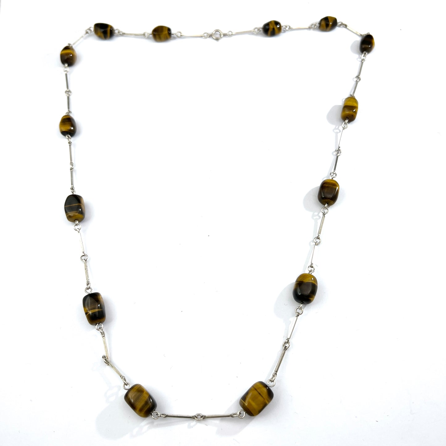 Vintage 1960-70s. Solid 835 Silver Tiger's Eye Long Necklace. Germany Sweden.