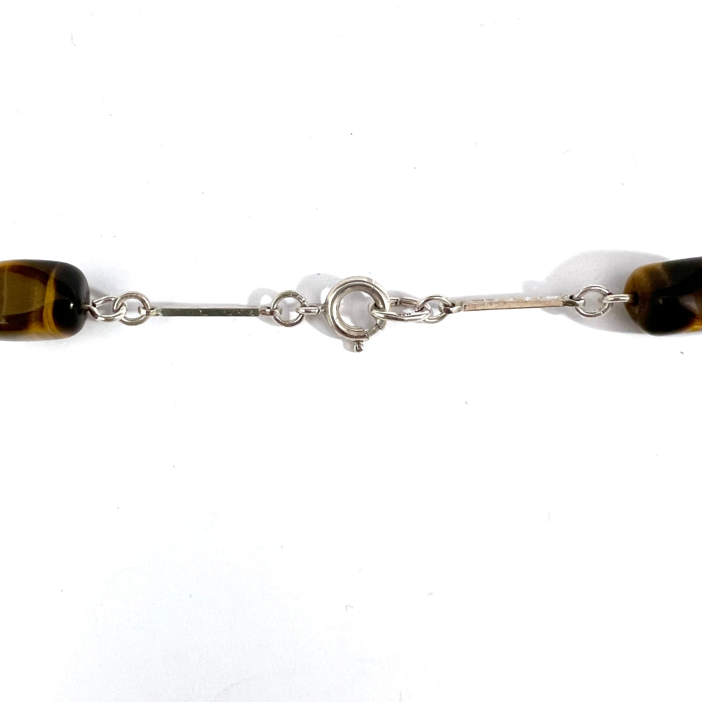 Vintage 1960-70s. Solid 835 Silver Tiger's Eye Long Necklace. Germany Sweden.