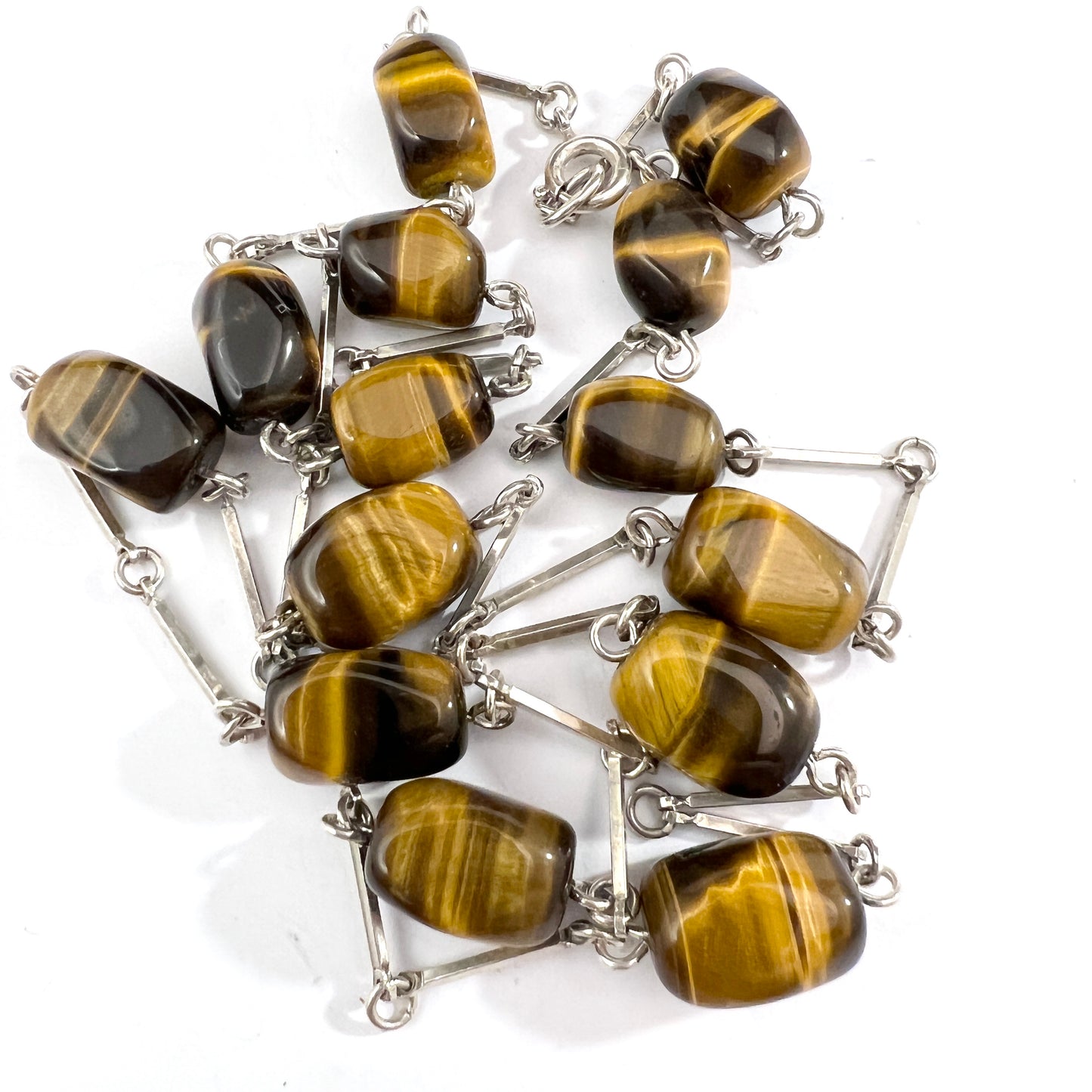 Vintage 1960-70s. Solid 835 Silver Tiger's Eye Long Necklace. Germany Sweden.