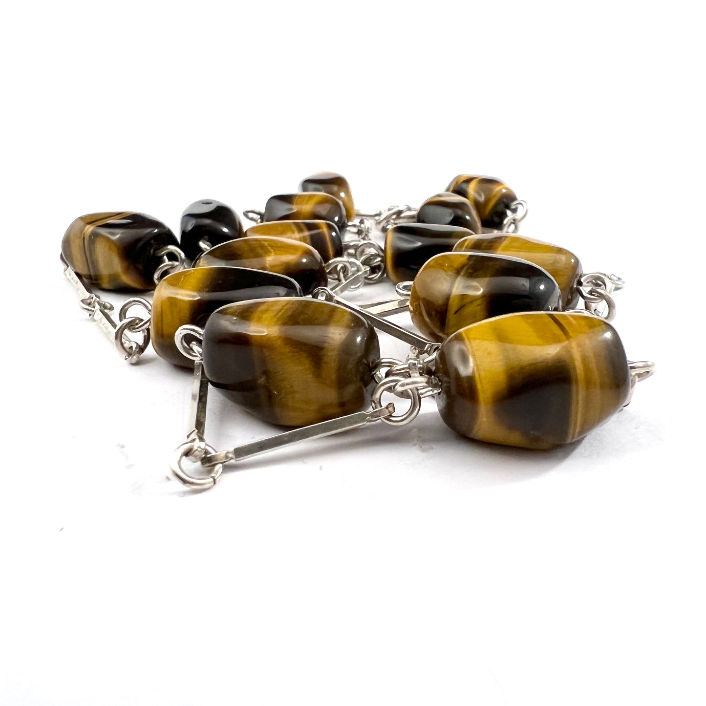 Vintage 1960-70s. Solid 835 Silver Tiger's Eye Long Necklace. Germany Sweden.