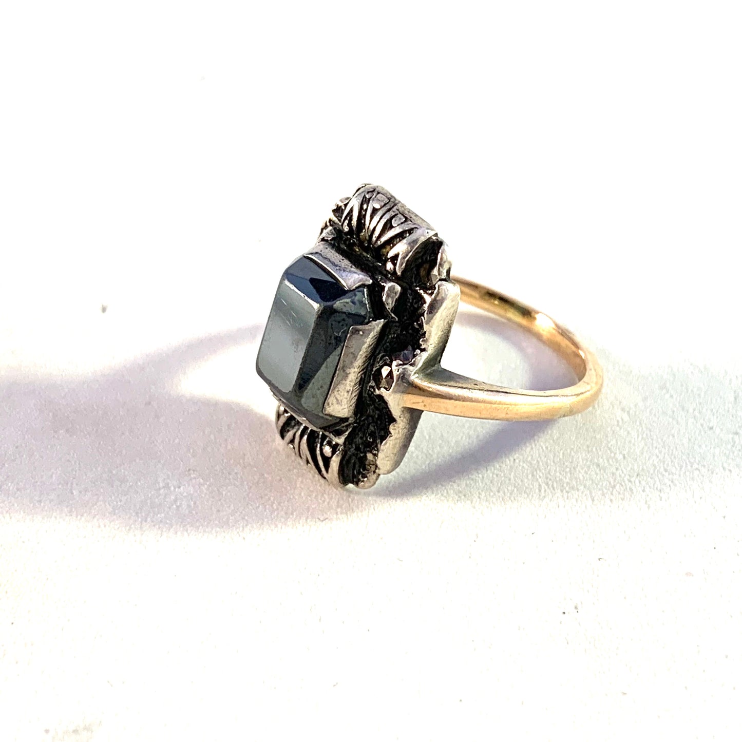 Art Deco 14k Gold Silver Onyx Marcasite Ring.