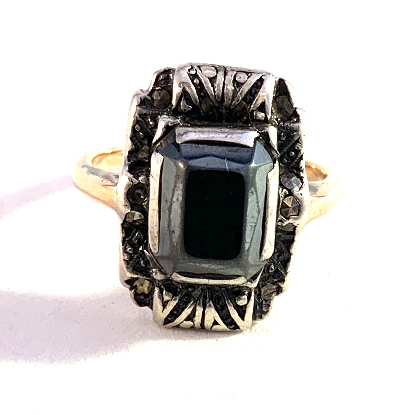 Art Deco 14k Gold Silver Onyx Marcasite Ring.