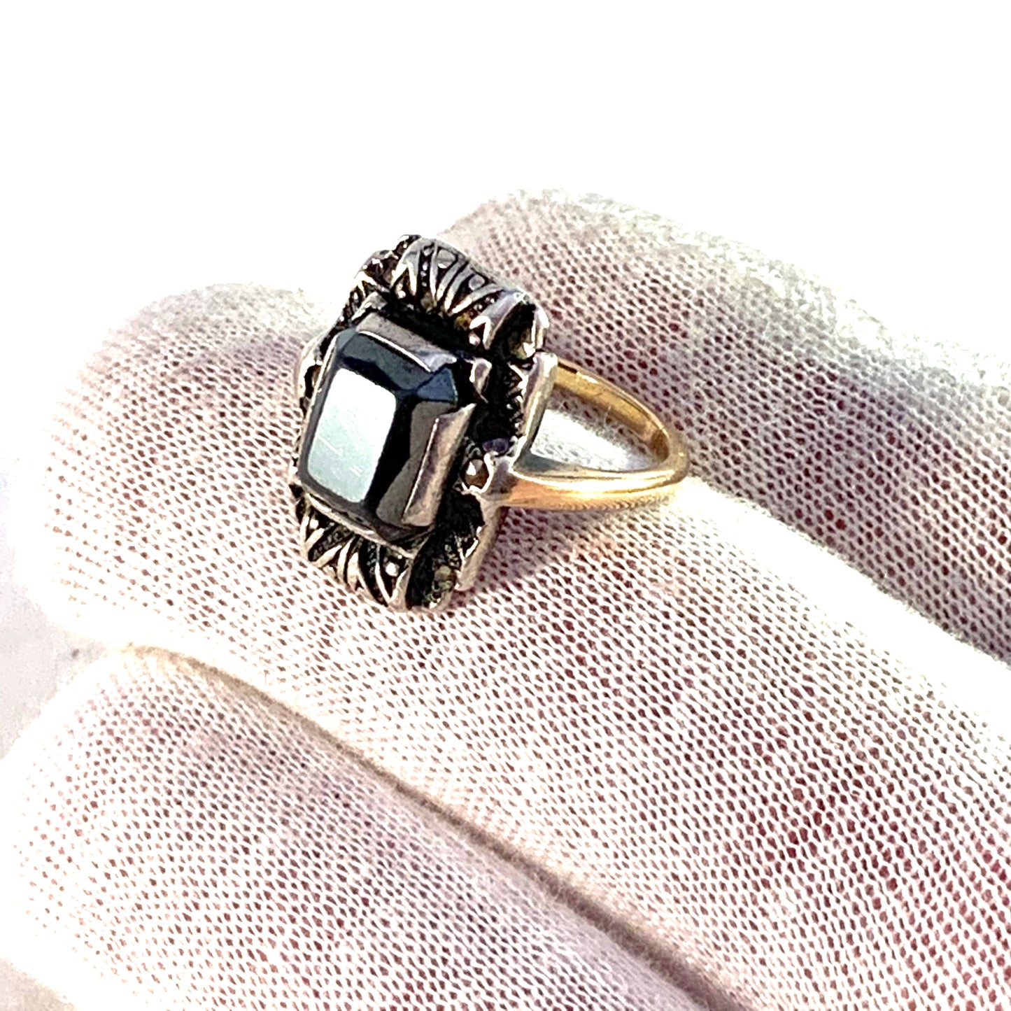 Art Deco 14k Gold Silver Onyx Marcasite Ring.