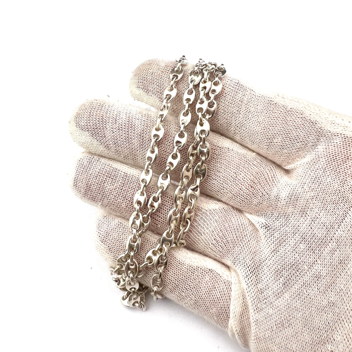 Arezzo, Italy. Vintage Mid-Century 800 Silver Long Coffee Bean Chain Necklace.