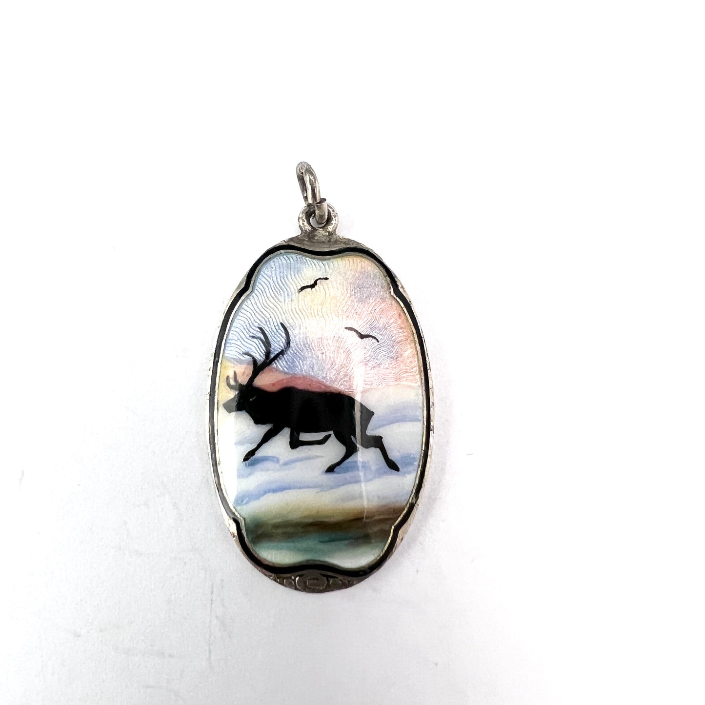 Gustav Hellstrom, Norway c 1940s. Sterling Silver Enamel Reindeer Pendant.