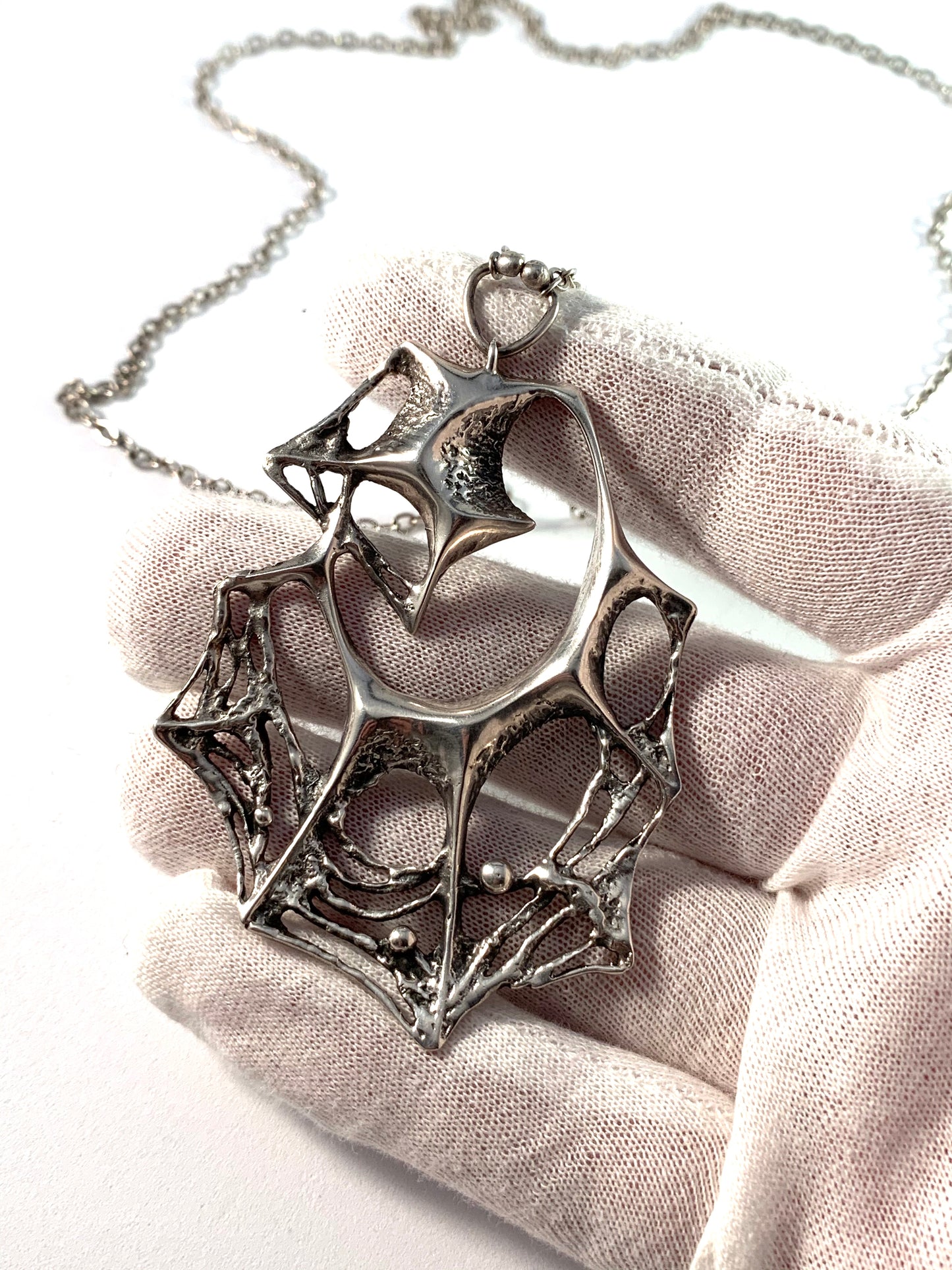 Karl Laine, Finland year 1961 Sterling Silver Spider Web Large Pendant Necklace.