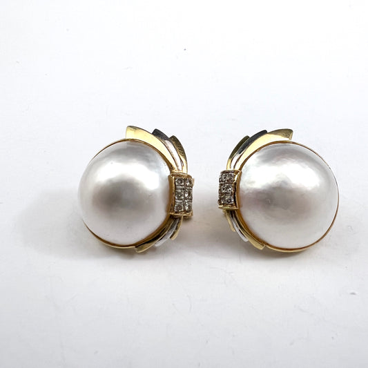 Vintage 18k Gold Diamond Mabe Pearl Large Earrings.