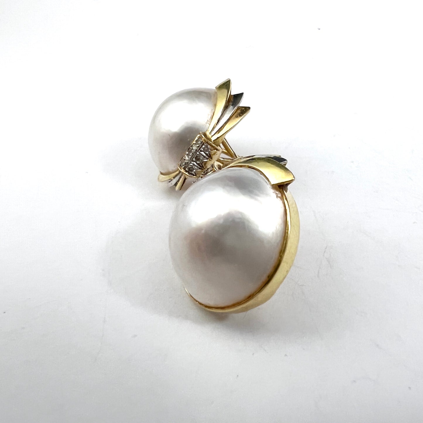 Vintage 18k Gold Diamond Mabe Pearl Large Earrings.