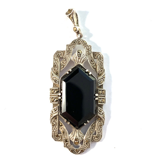 Austria / Germany 1930s Art Deco 935 Sterling Silver Onyx Marcasite Pendant.