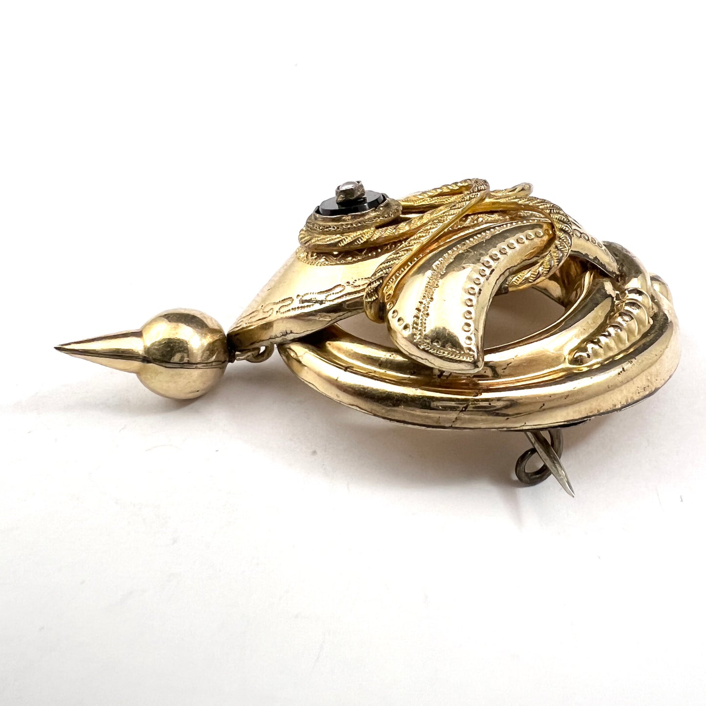 Petter Gökblad Sweden 1839. Antique Gilt Silver Onyx Seed Pearl Brooch.