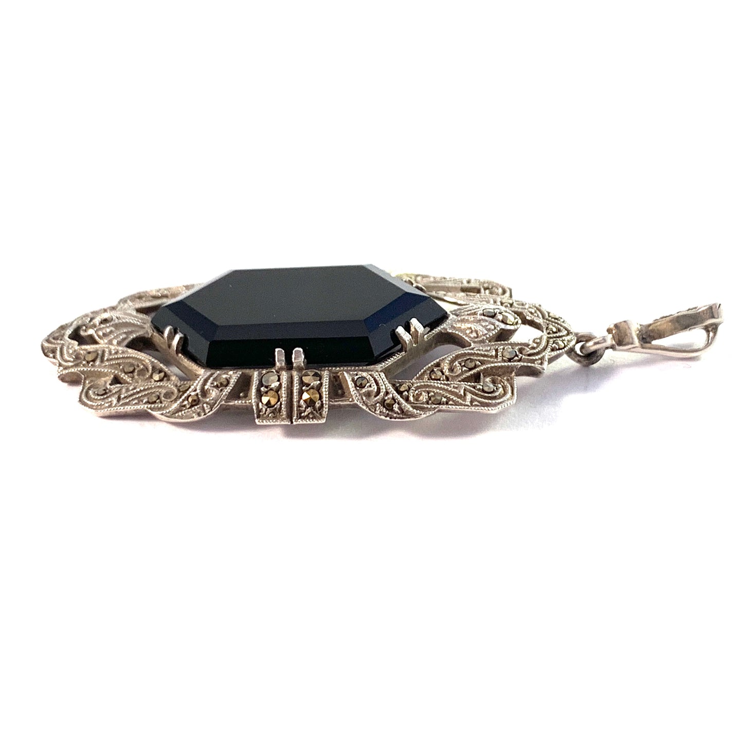 Austria / Germany 1930s Art Deco 935 Sterling Silver Onyx Marcasite Pendant.