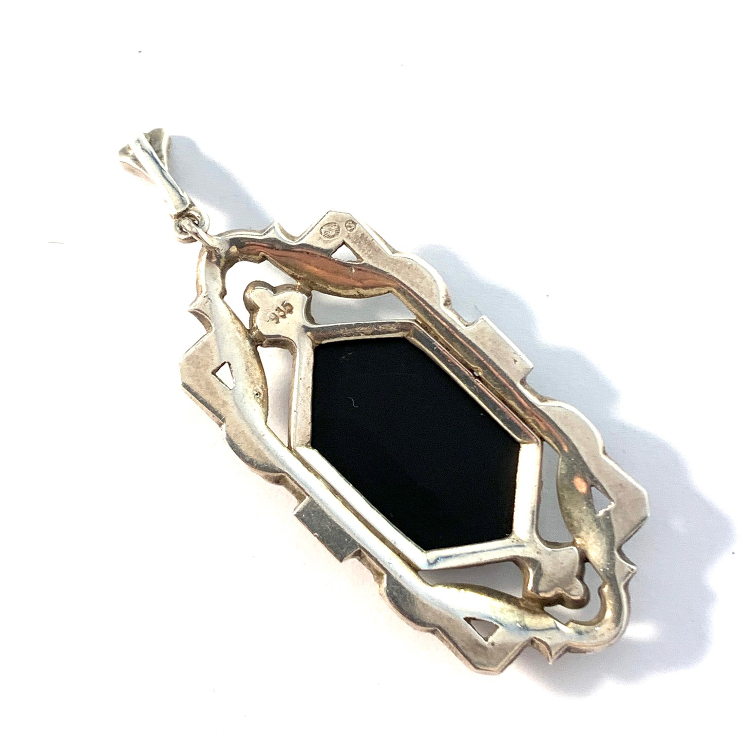 Austria / Germany 1930s Art Deco 935 Sterling Silver Onyx Marcasite Pendant.