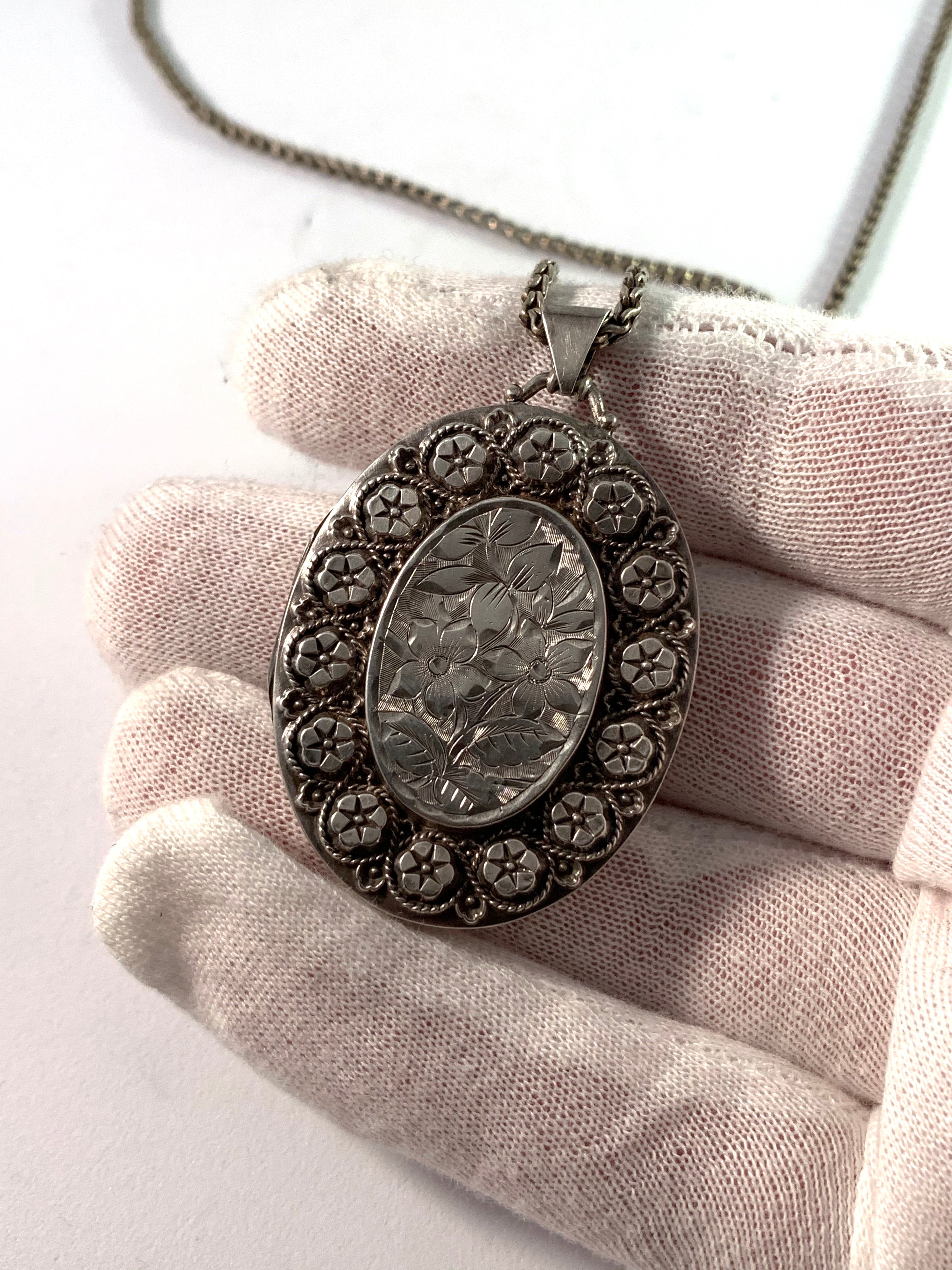Birmingham year 1885 Victorian Sterling Silver Locket Pendant Necklace.