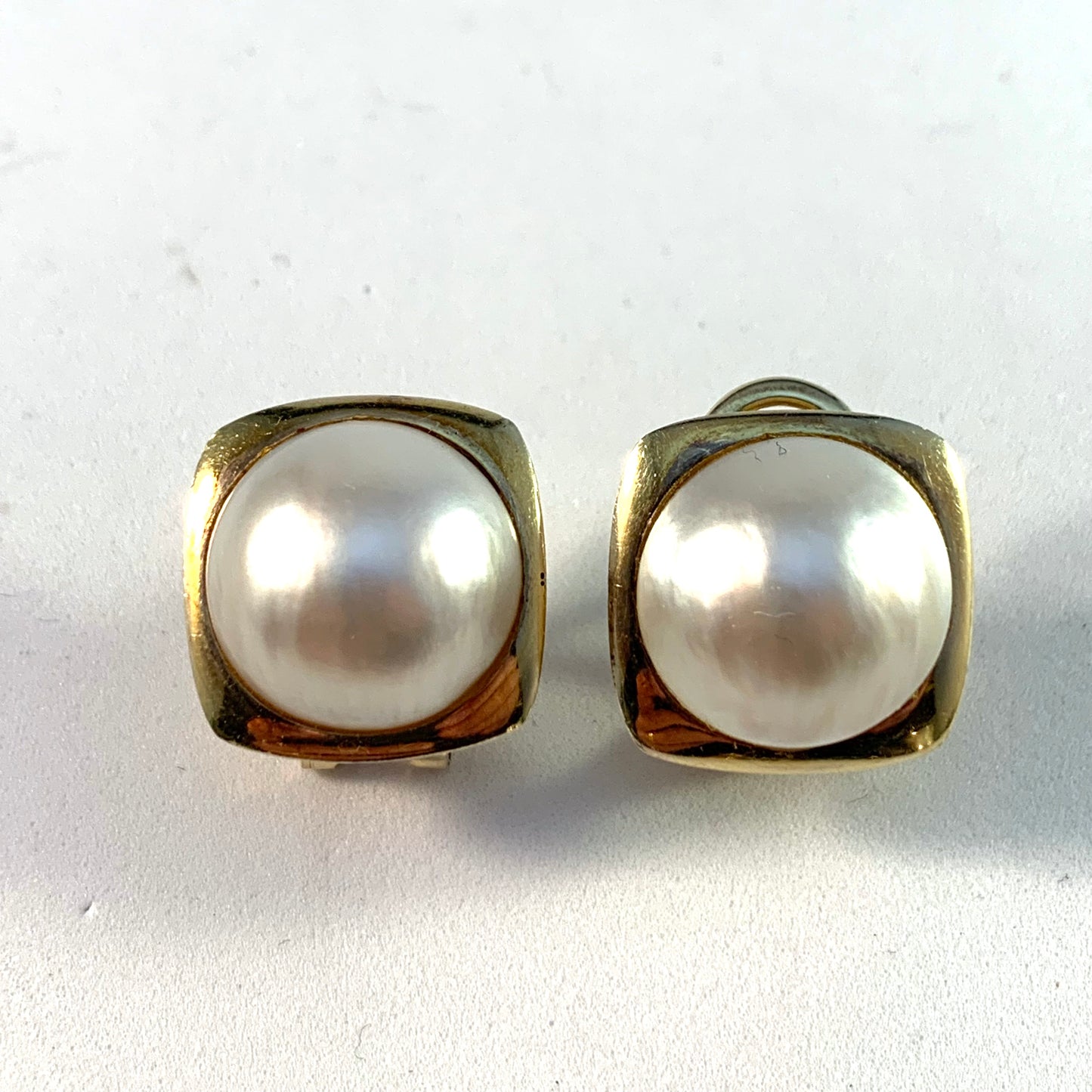 Vintage c 1960s 14k Gold Large Mabe Pearl Earrings.