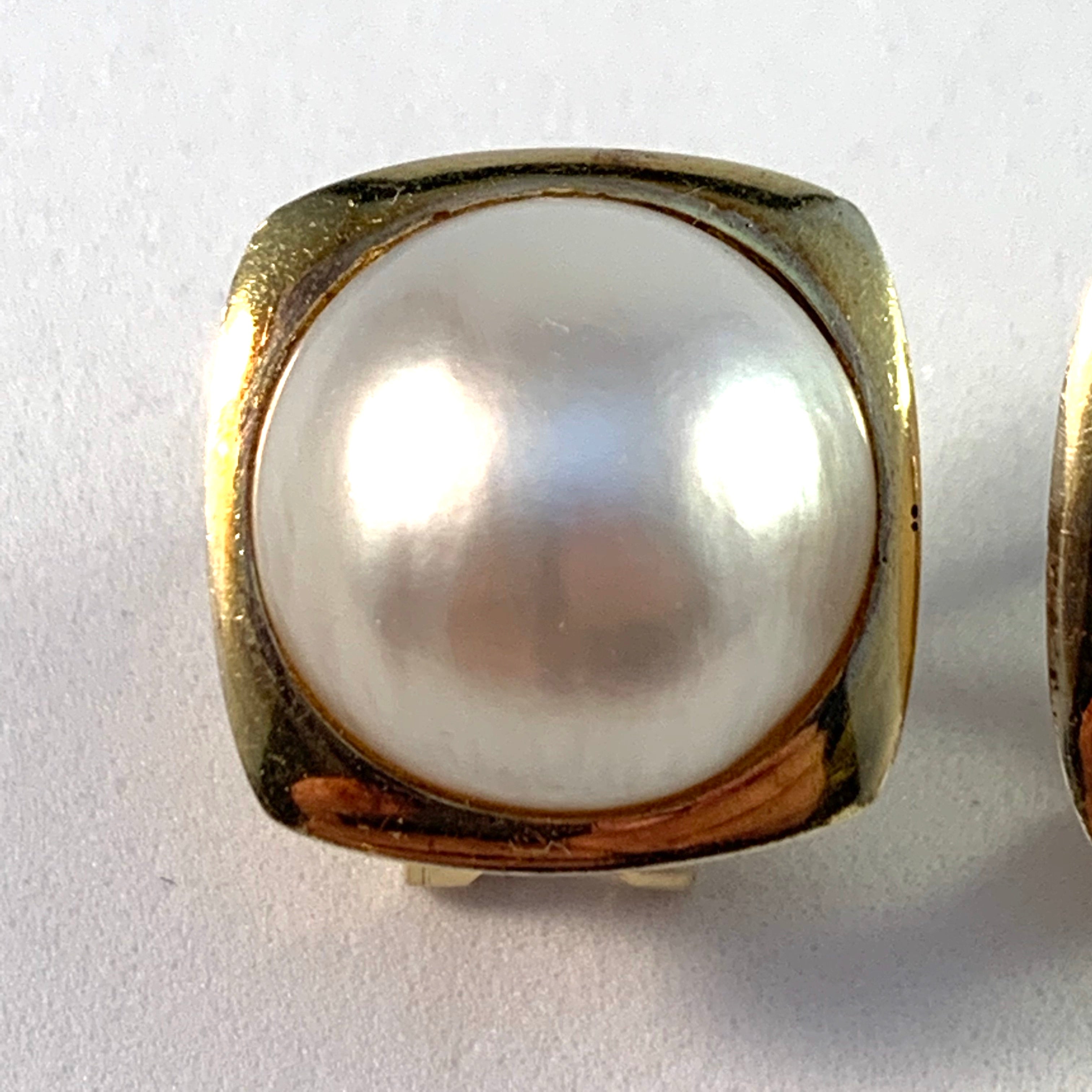 Mid Century 14k Gold Large Mabe Pearl Earrings.