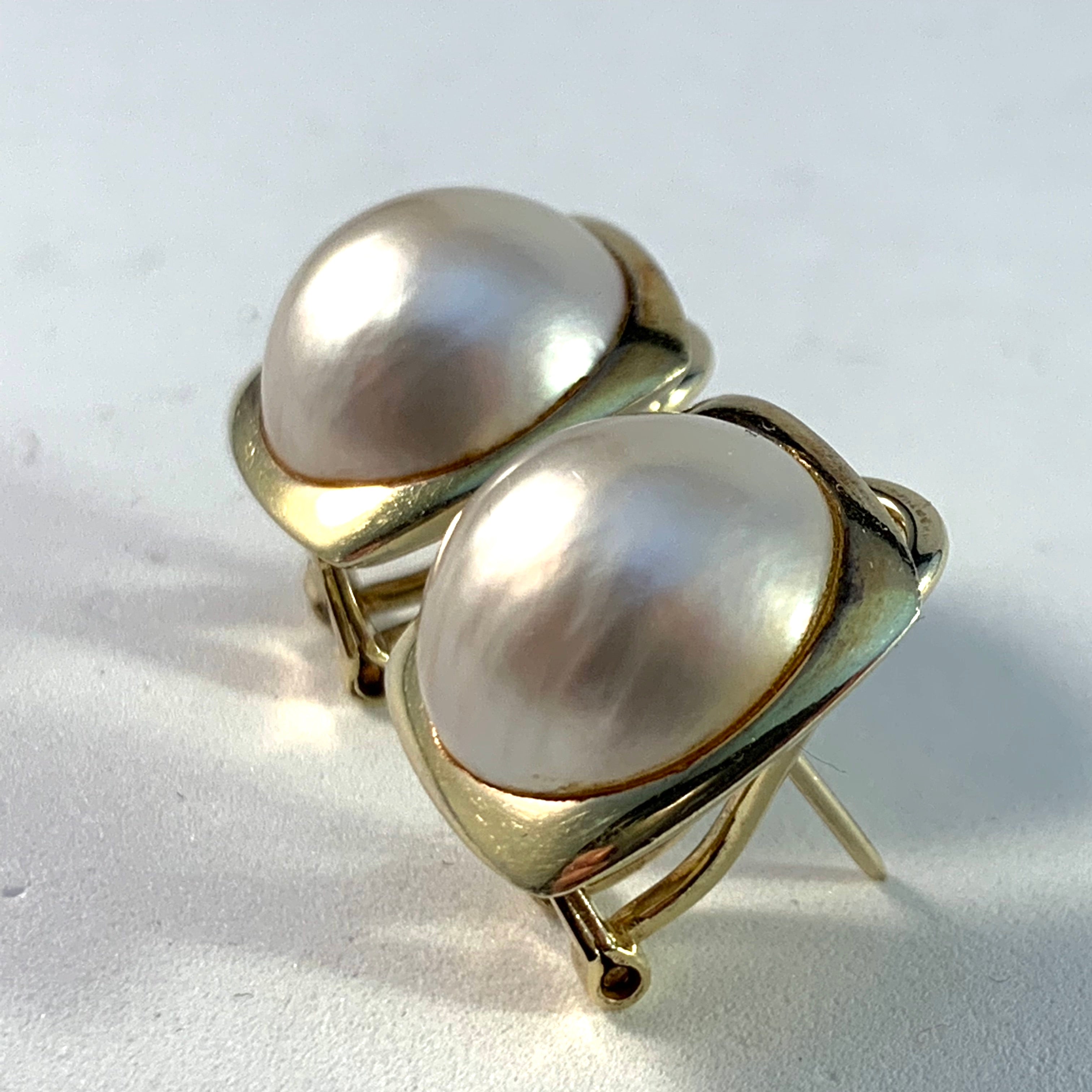 Mid Century 14k Gold Large Mabe Pearl Earrings.