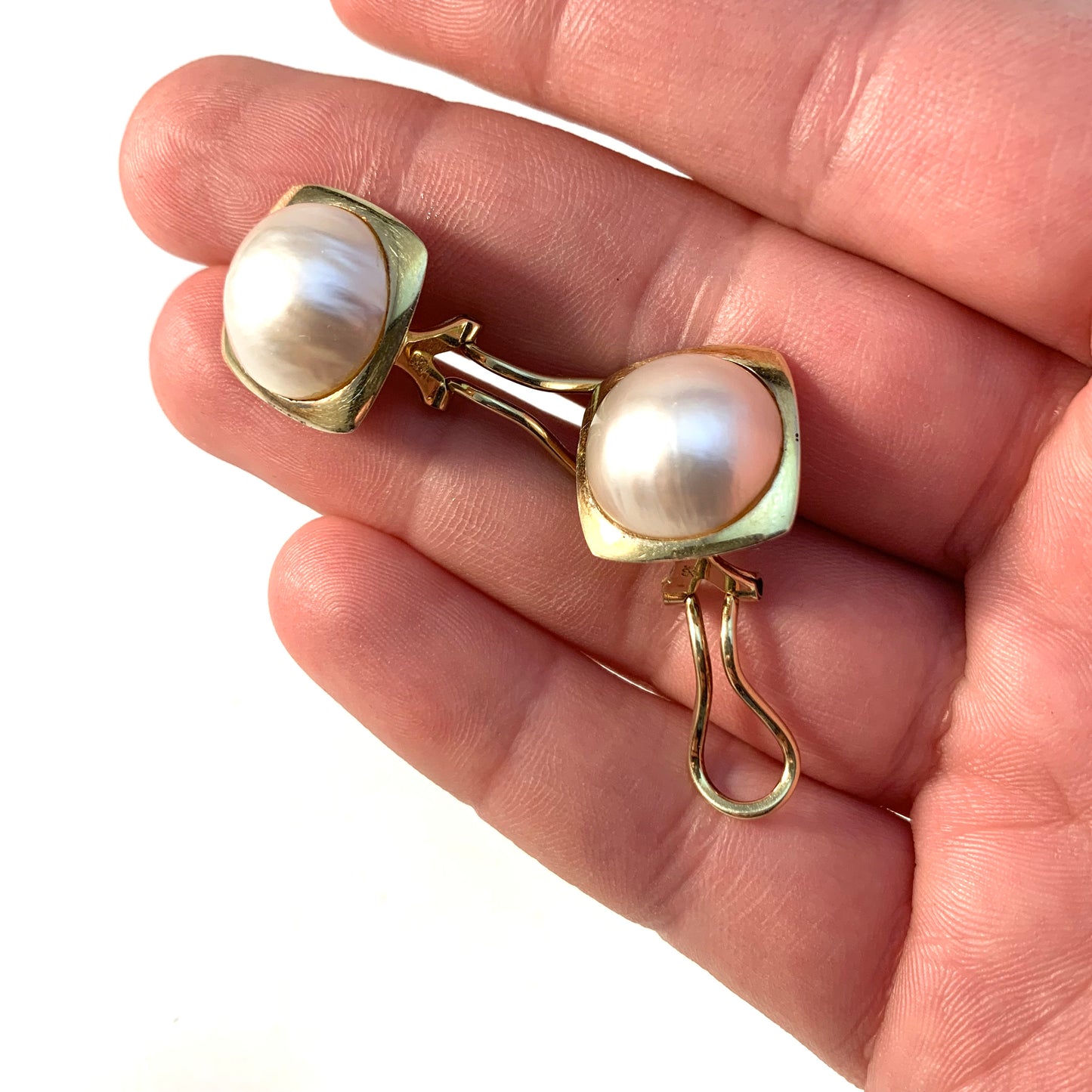 Vintage c 1960s 14k Gold Large Mabe Pearl Earrings.