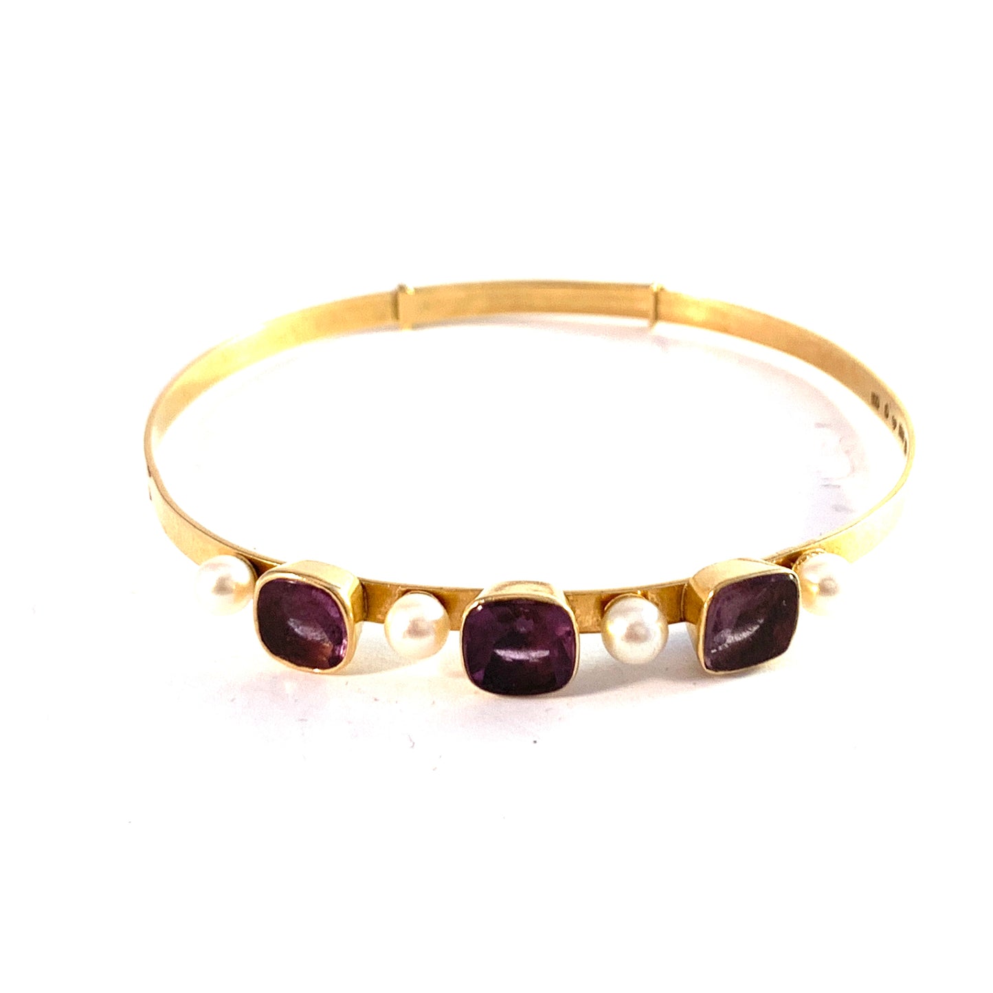 J Petersson, Stockholm 1968. Vintage 18k Gold Amethyst Cultured Pearl Bracelet.