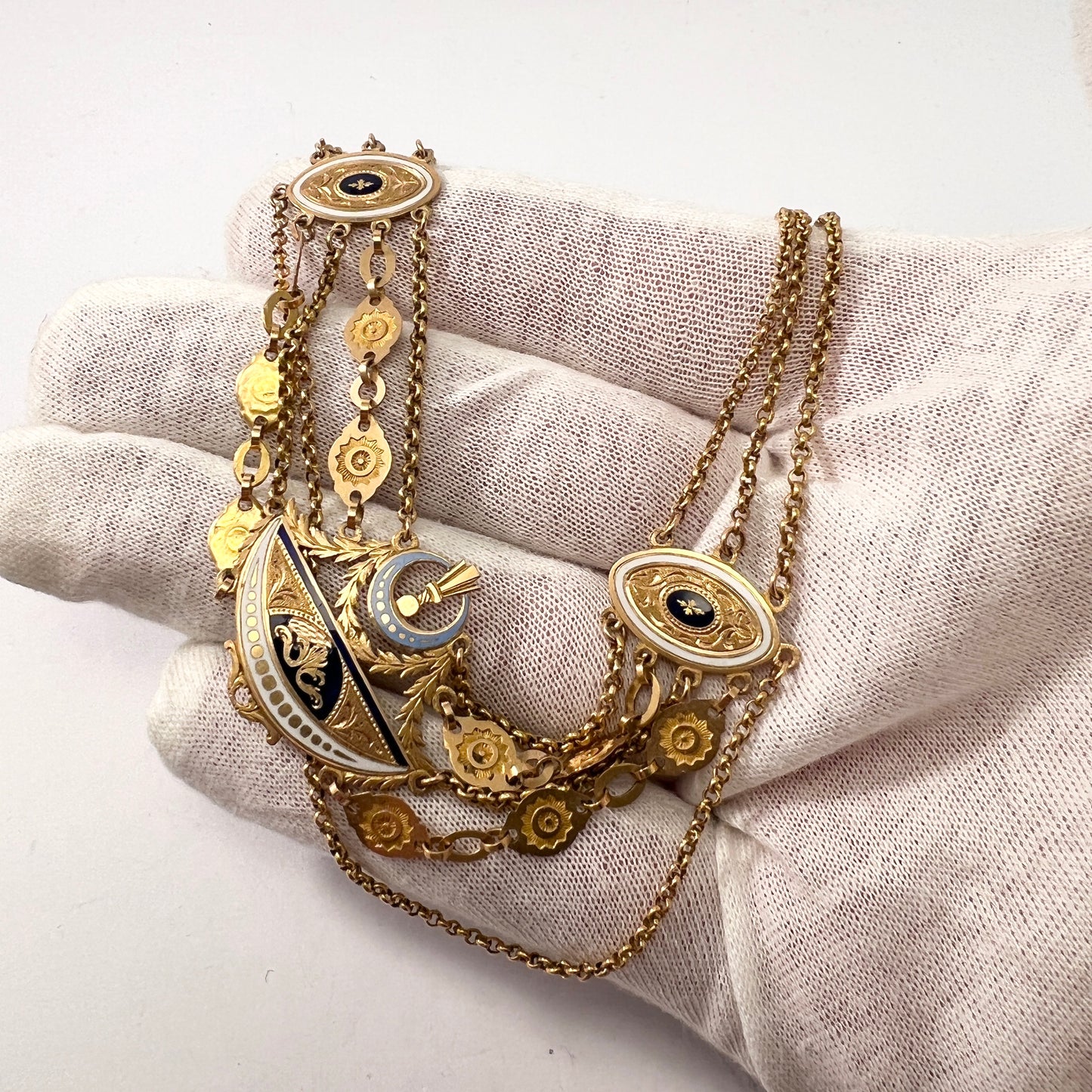 Carl M Arell, Stockholm, year 1792-1815, Georgian Empire 18k Gold Enamel Necklace.