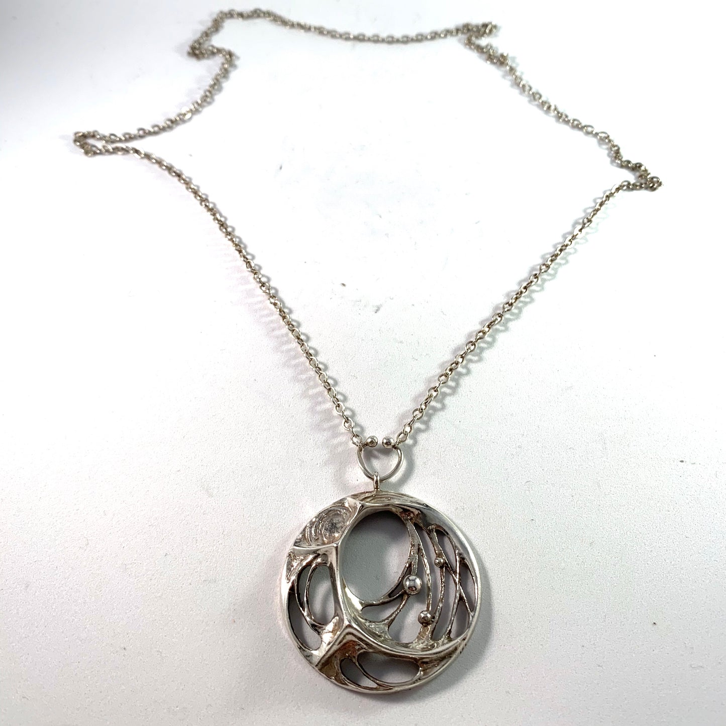 Karl Laine for Sten & Laine Finland year 1974 Sterling Silver Spider Web Pendant Necklace.