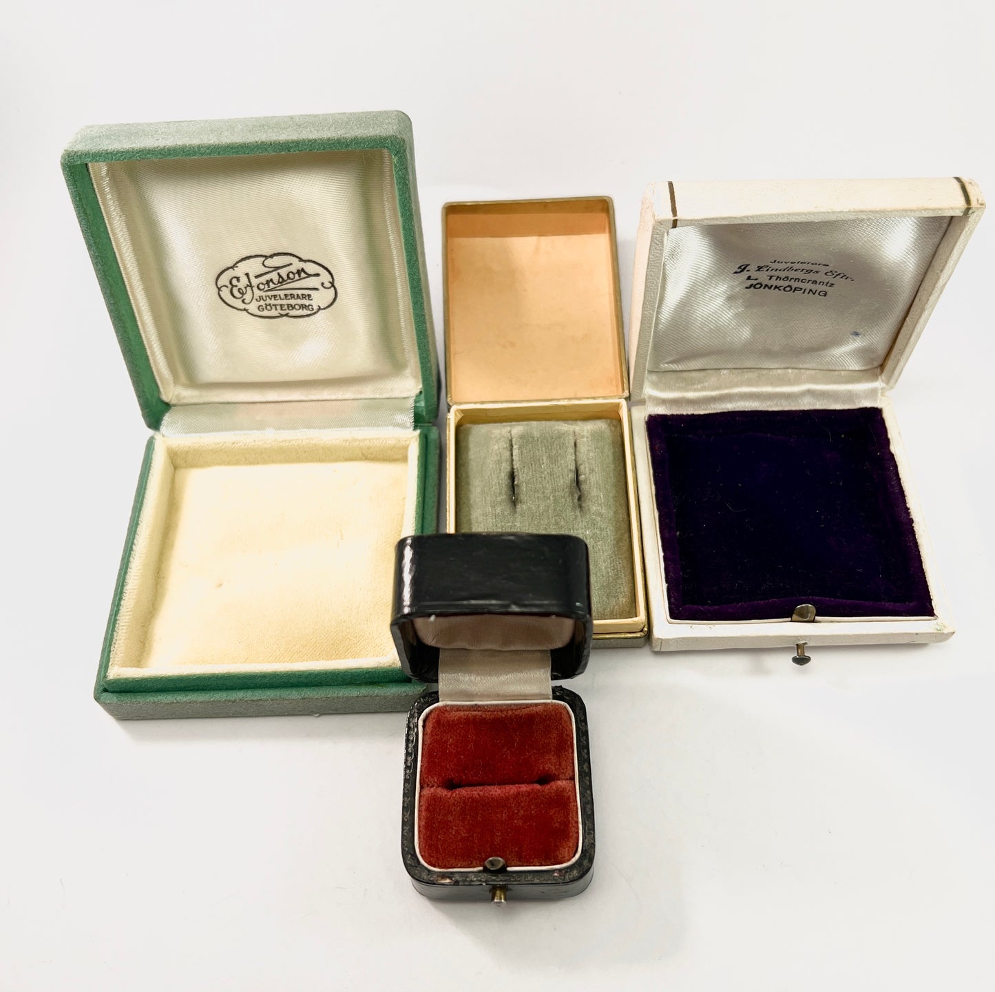 4 Vintage and Antique Jewelry Display Presentation Storage Boxes. Ring Brooch Earrings