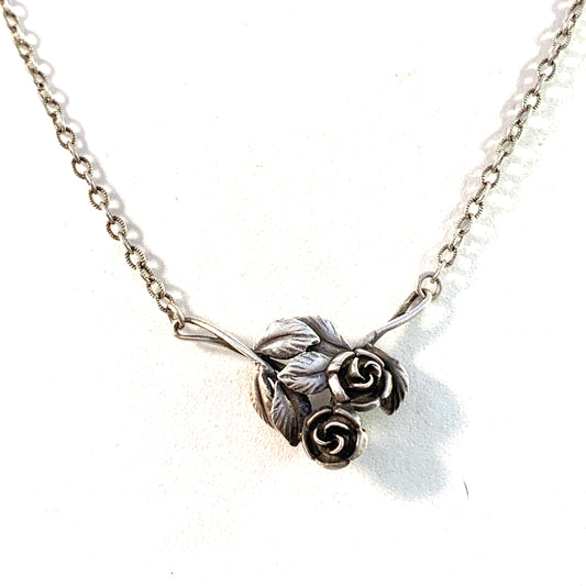 Teka, Germany Mid Century Sterling Silver Rose Flower Pendant Necklace.